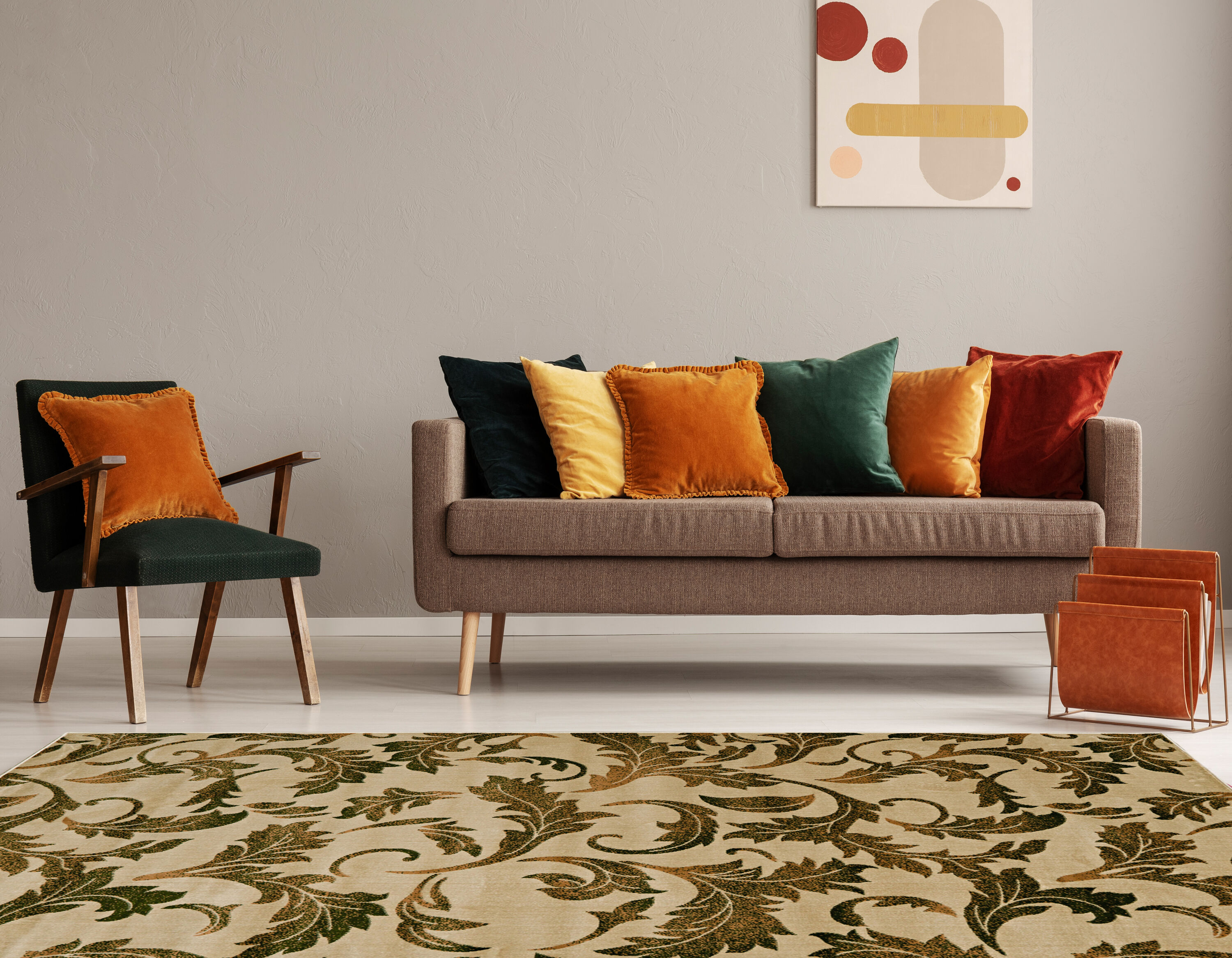 Linon RUGVT9181 8 x 10 (ft) Loomed Polyester Sand/Green Rectangular Indoor Floral/Botanical Bohemian/Eclectic Area rug