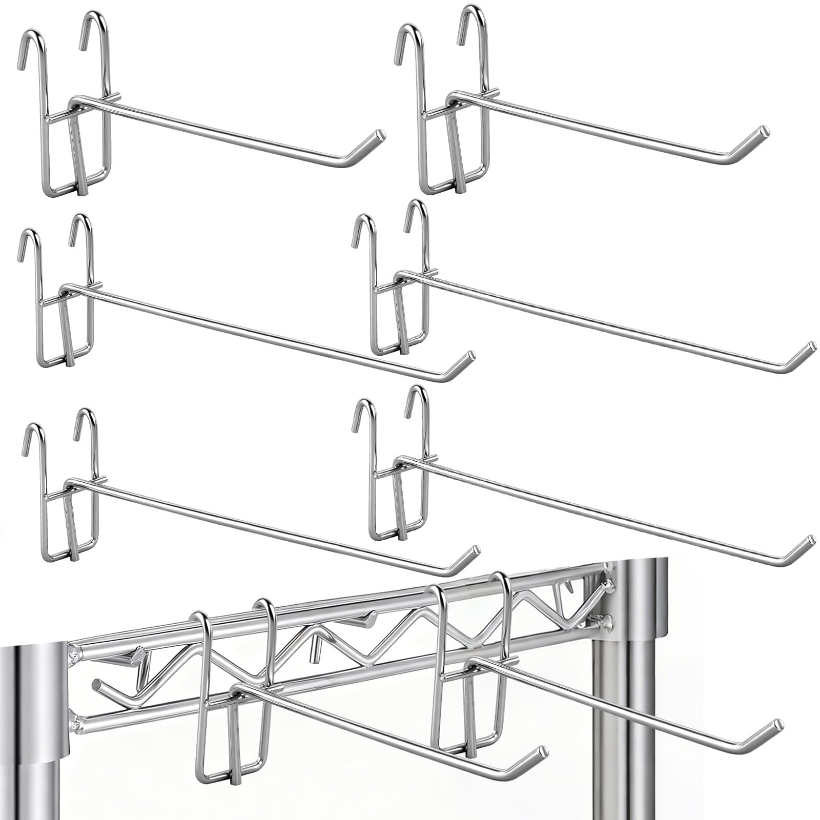 Phyfalip  6 pcs Wire Shelving Hooks Heavy Duty Metal Grid Wall Hook Silver for Kitchen Utensils Storage Rack Organizer Three Sizes for Home Office
