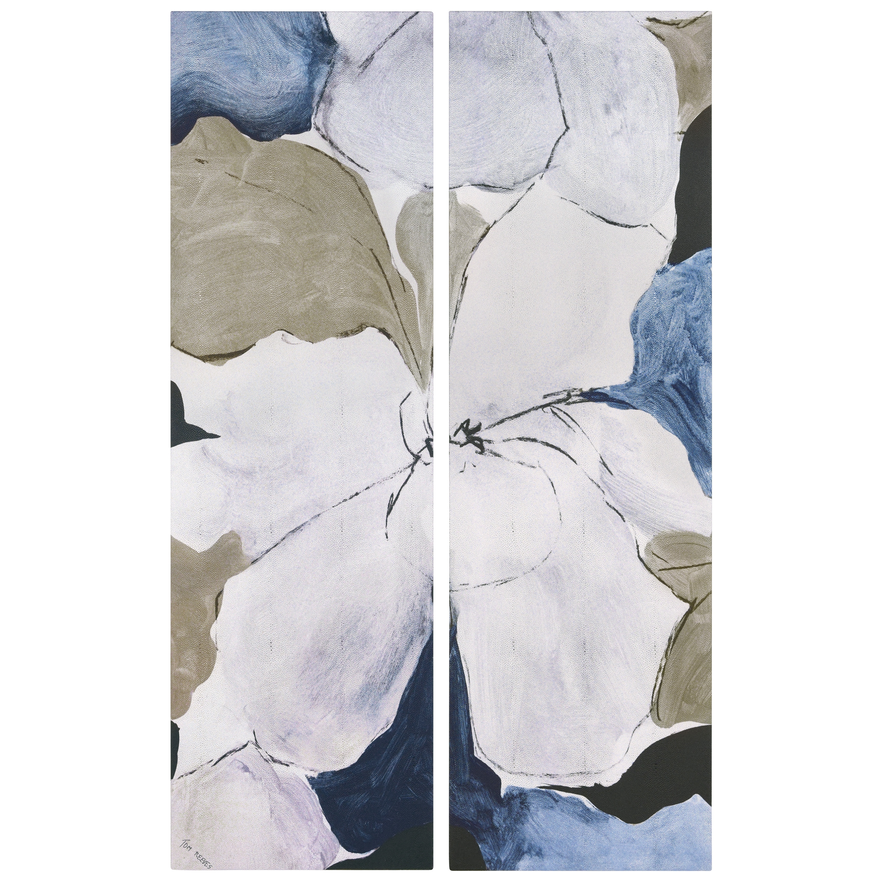 Floral Serenity Blue and Beige Abstract Canvas Wall Art Set