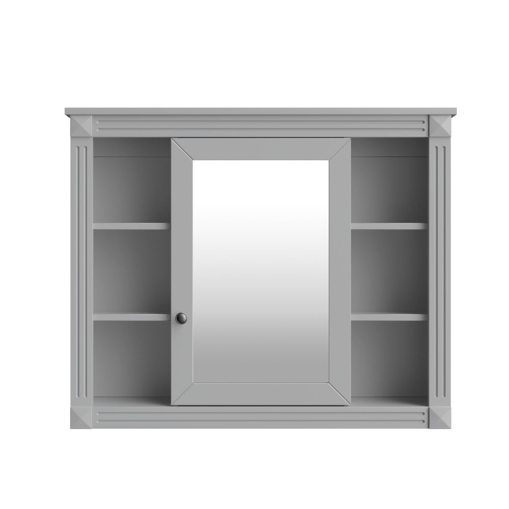 LuckByte Modern 35 in. W x 28 in. H Rectangular Gray Solid Wood MDF Bathroom Wall Medicine Cabinet with Mirror 6 Open Shelves
