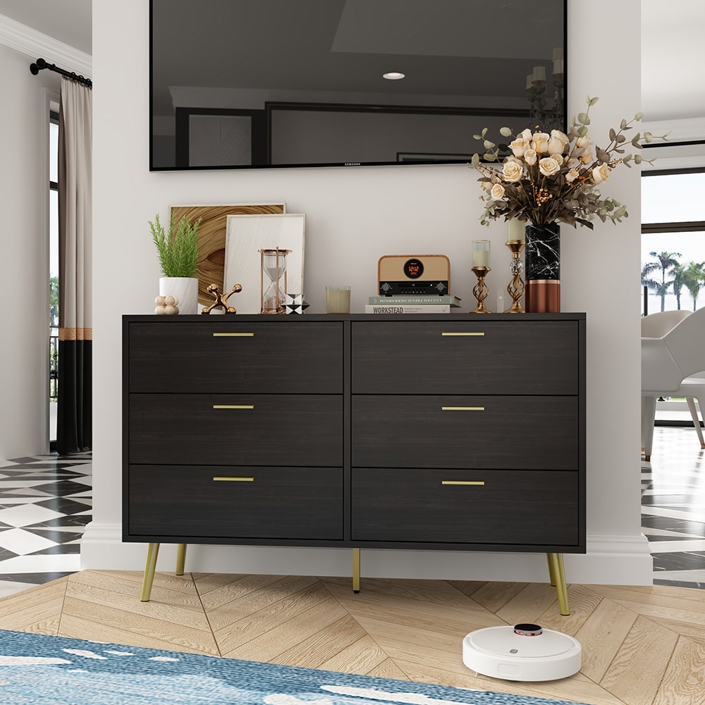 Homsee - 6 Drawers Wooden Dresser Chest with Gold Handles and High Legs for Bedroom and Living R...