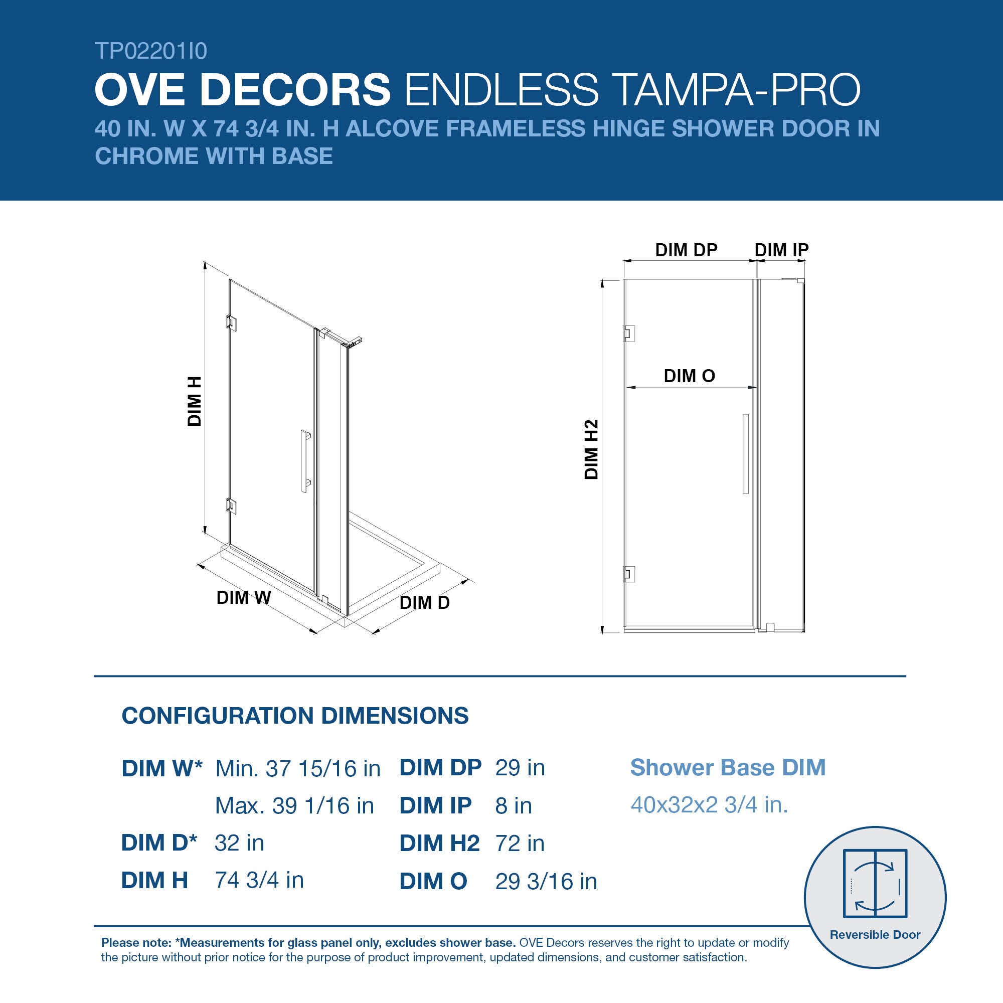 Endless Tampa-Pro 40'' W Chrome Frameless Rectangle Shower Kit
