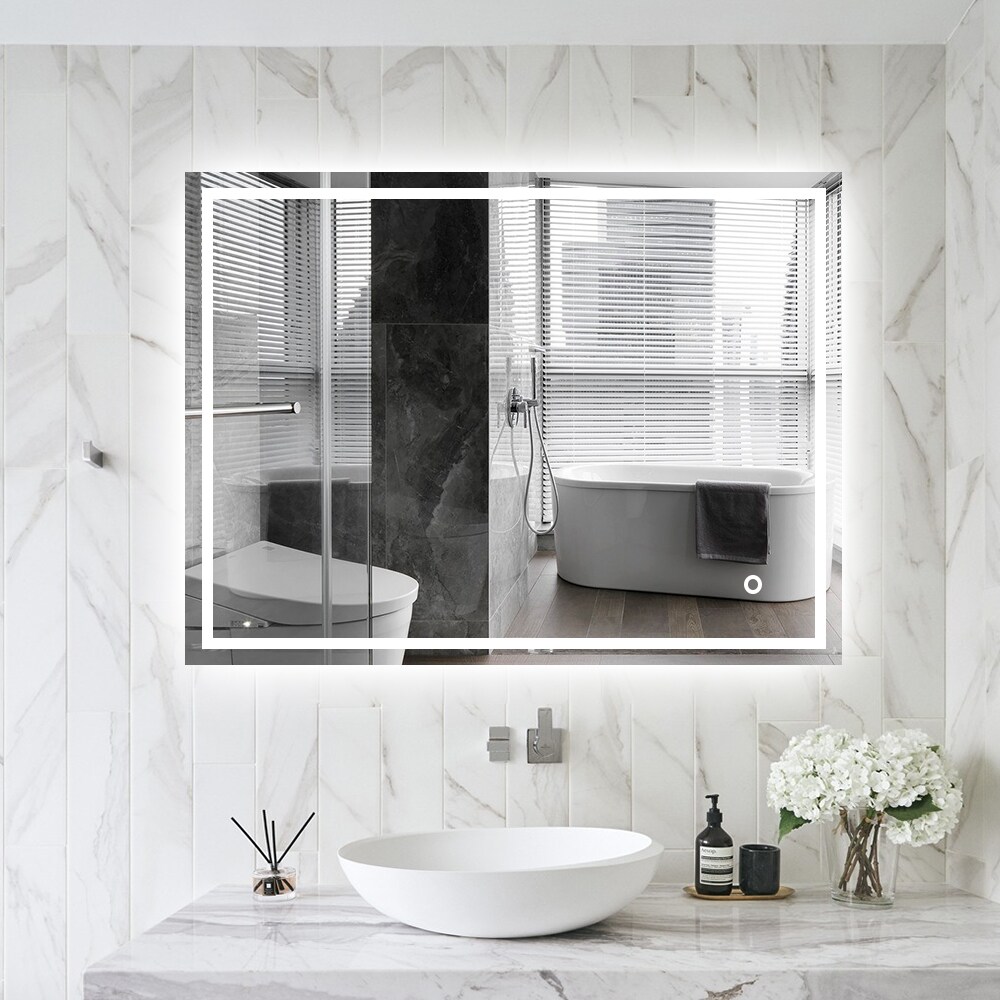 KINWELL Bathroom Mirror 31.5-in W x 23.6-in H LED Lighted White Rectangular Fog Free Frameless Bluetooth Bathroom Vanity Mirror