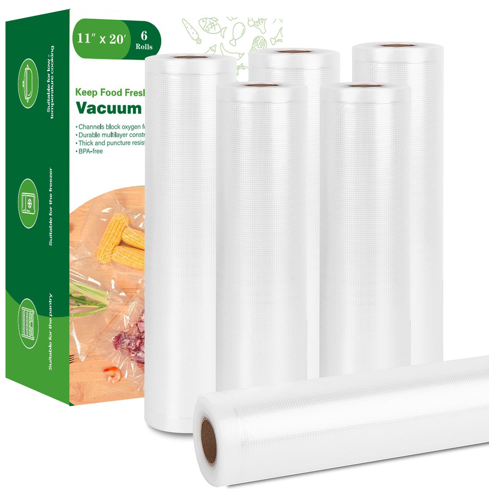 KIWDZFU  Vacuum Sealer Bags 6 Roll 11 Inch x 20 Foot BPA Free Food Storage Saver Bag Custom Size for Sous Vide Meal Prep Freezer Safe Universal