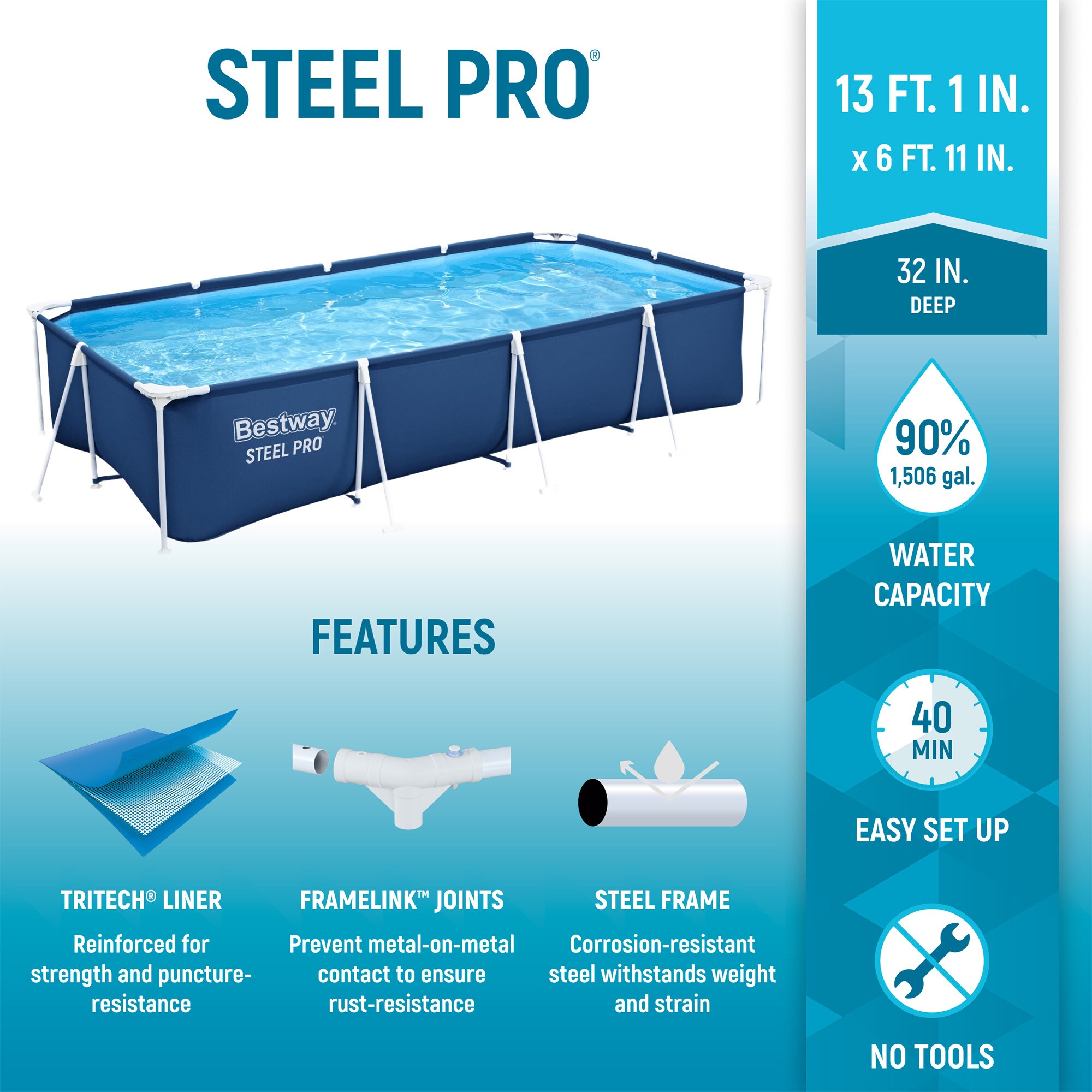 Bestway 13.12-Feet x 6.92-Feet x 31.89-Inches Steel wall panels Rectangle Above-Ground Pool with Filter Pump