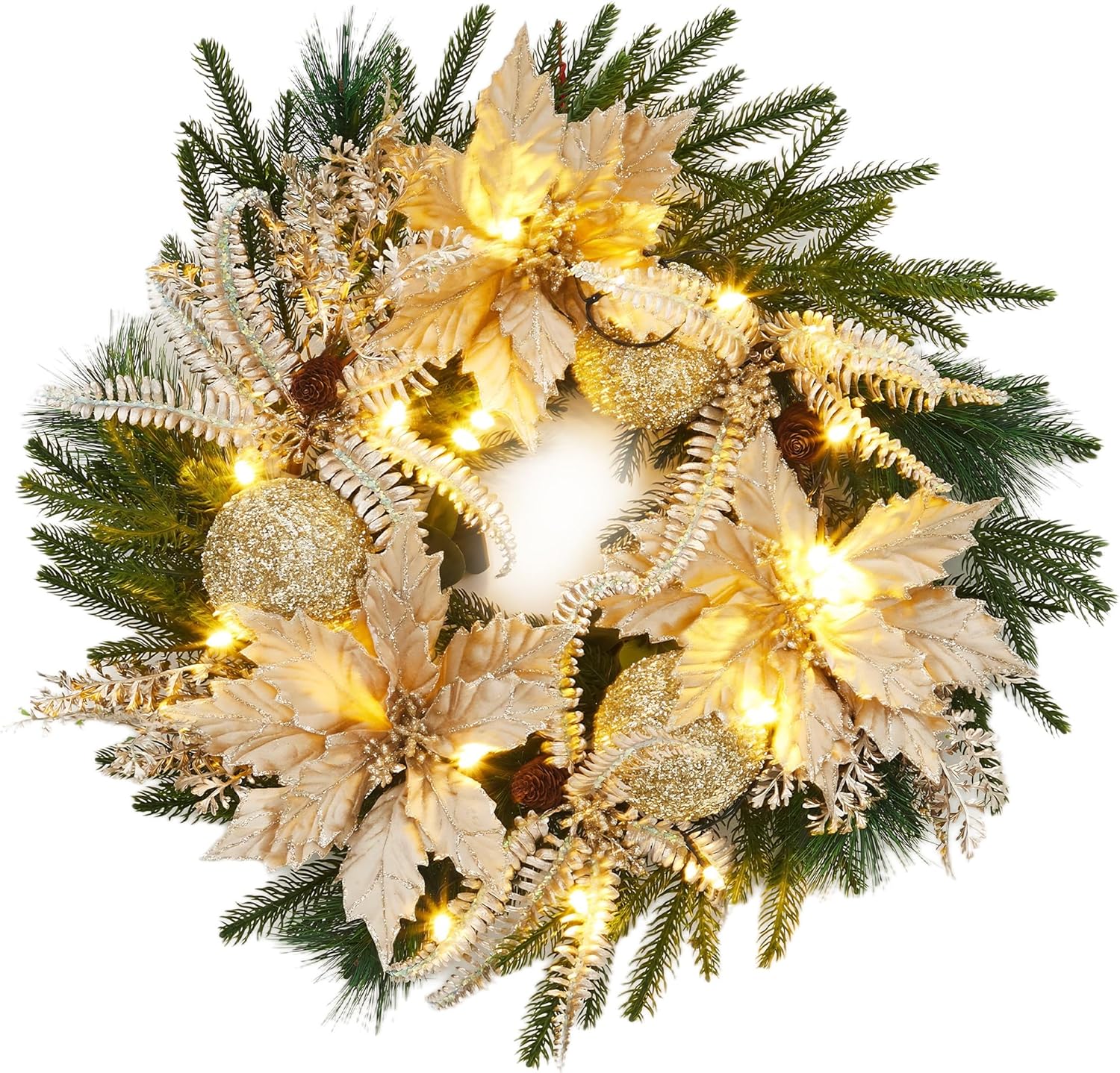 GAOMON 24 Inch Gold PVC Artificial Christmas Wreath with 20 LED Lights 8 Adjustable Lighting Modes Waterproof Battery Operated Festive Ornament for Indoor Outdoor Holiday Xmas Decor