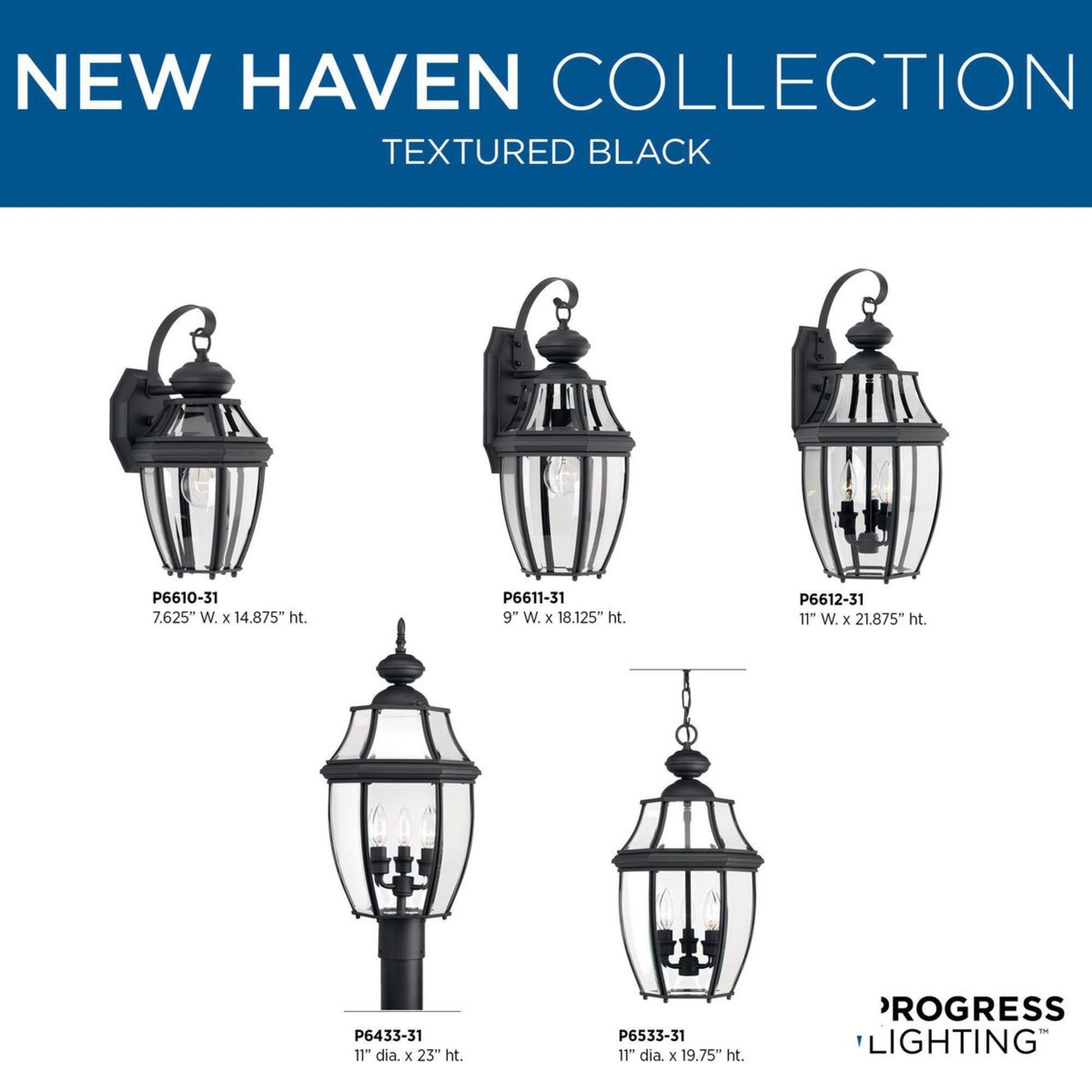 New Haven Black 3-Light Outdoor Wall Lantern with Clear Beveled Glass