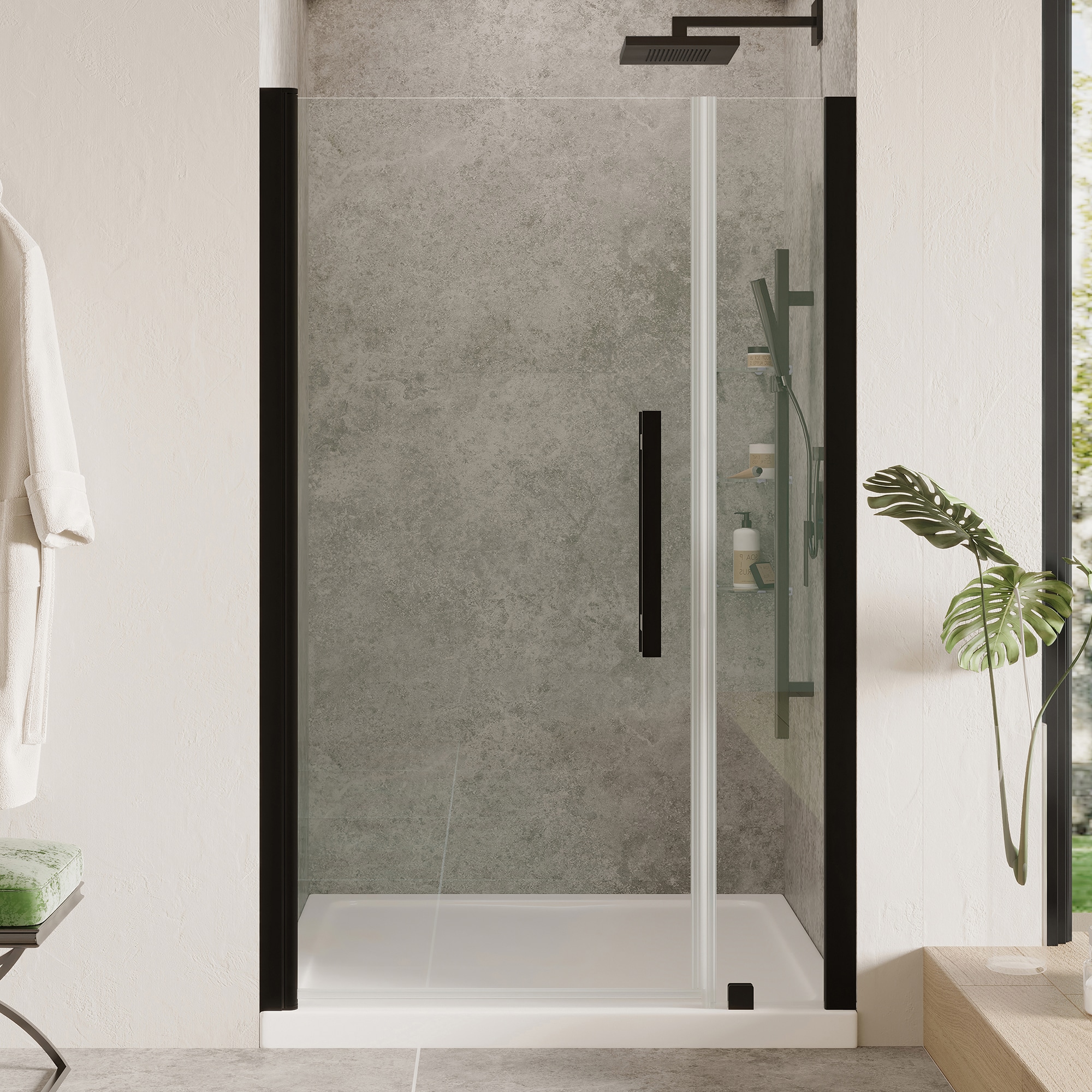 OVE Decors 828796076951 Pasadena 40-in W x 32-in L x 75-in H Rectangular Alcove Shower Kit (Center Drain) with Base and Door Included Satin Black Hardware Included