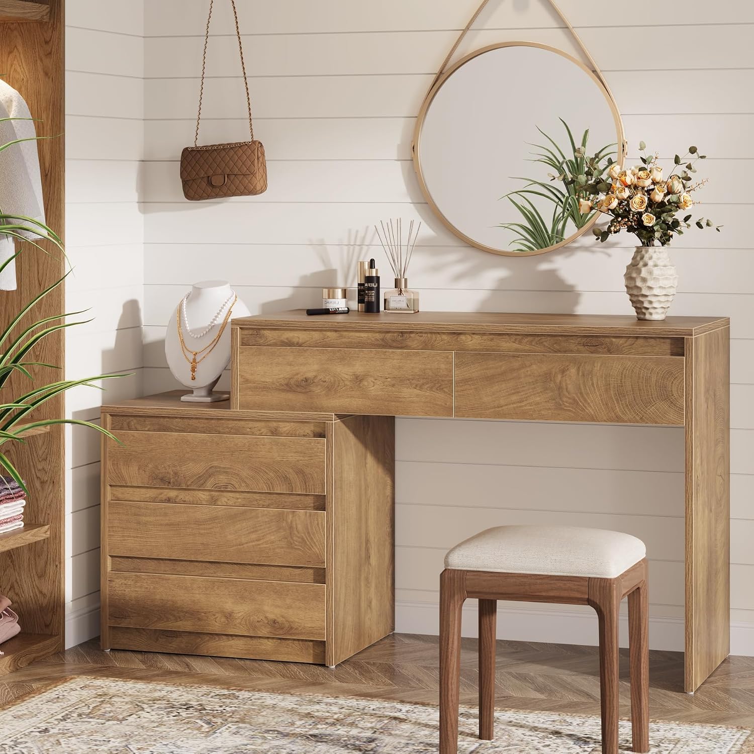 Tribesigns 63 inch W Brown Modern Makeup Vanity with 5 Drawers and Movable Storage Without Mirror