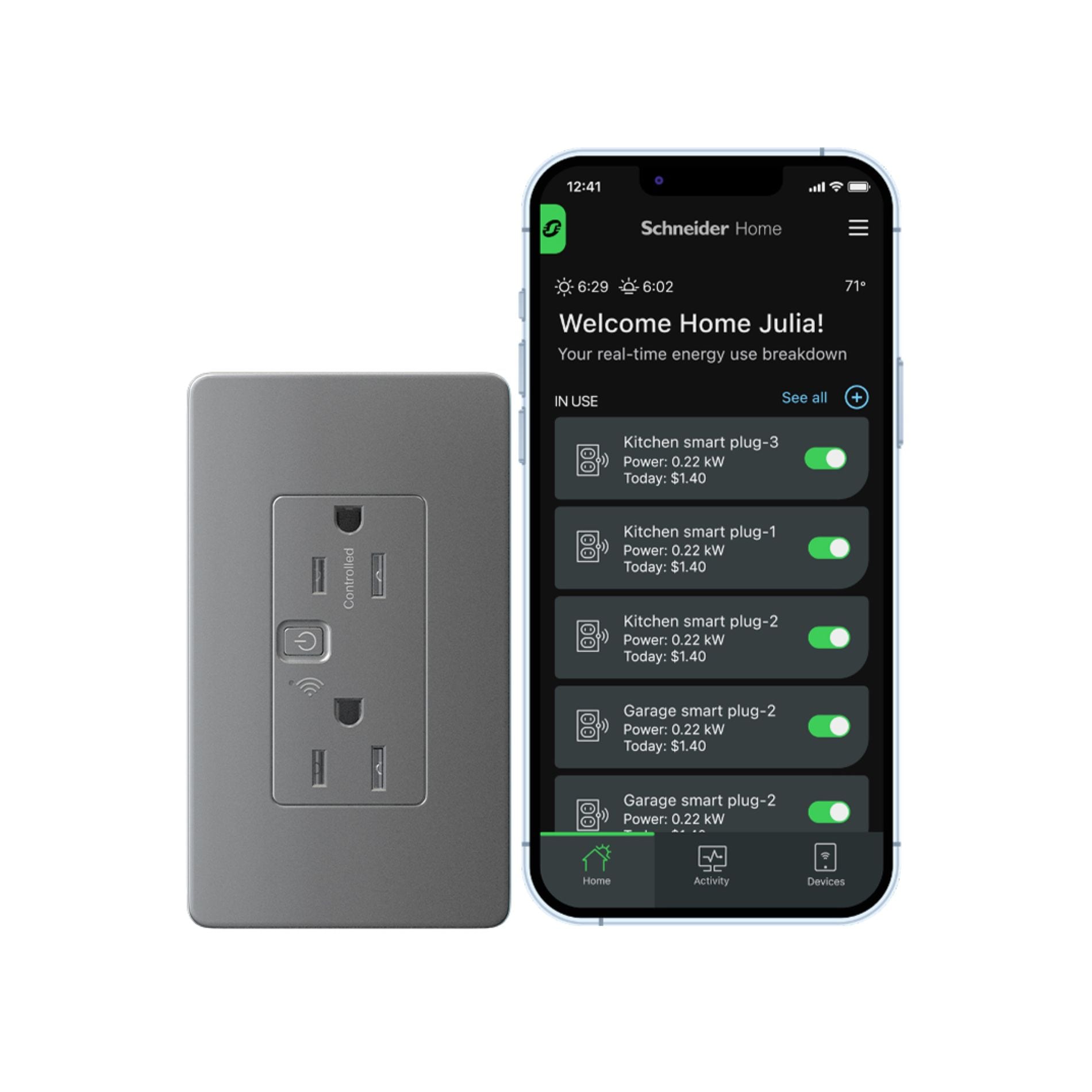 Square D SQR441U1GYWM by Schneider X Series Smart WiFi Matter 15 -Amp 120-volt Tamper Resistant Residential Decorator Smart Compatible Outlet , Gray