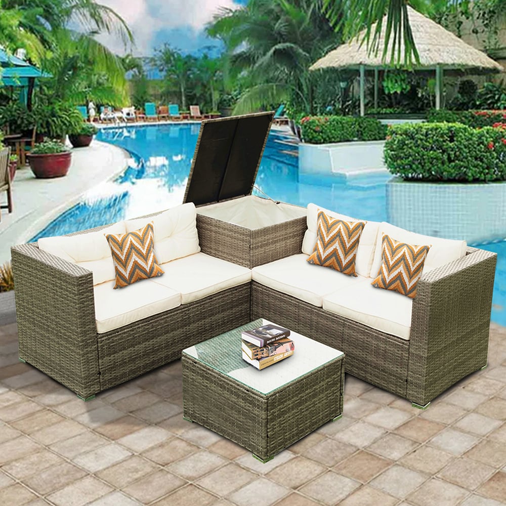 Topcraft PJTC14WH Patio Conversation Sets 4 -Piece Rattan Patio Conversation Set with White Cushions