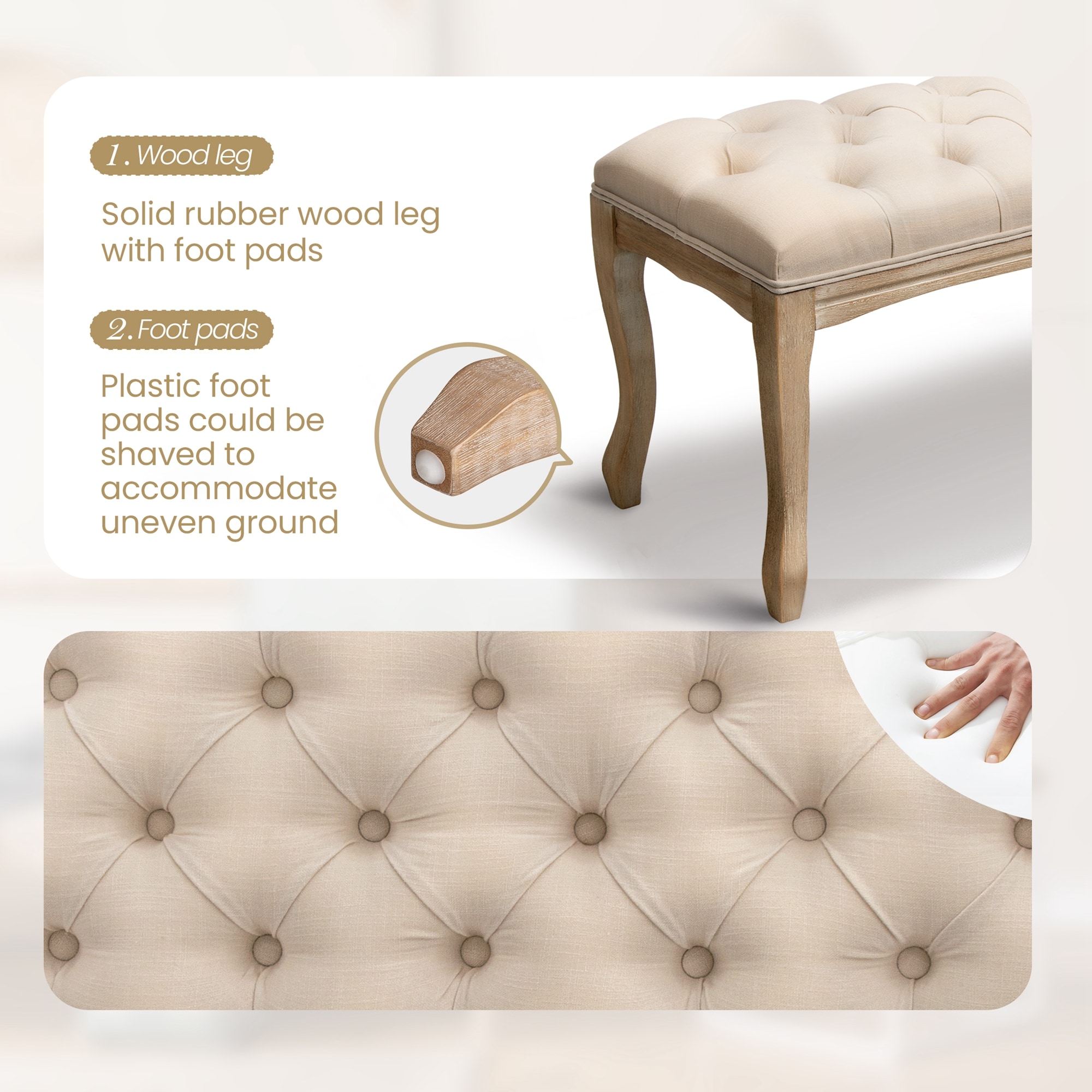 Mid-Century Tufted Beige Linen Upholstered Bed Bench