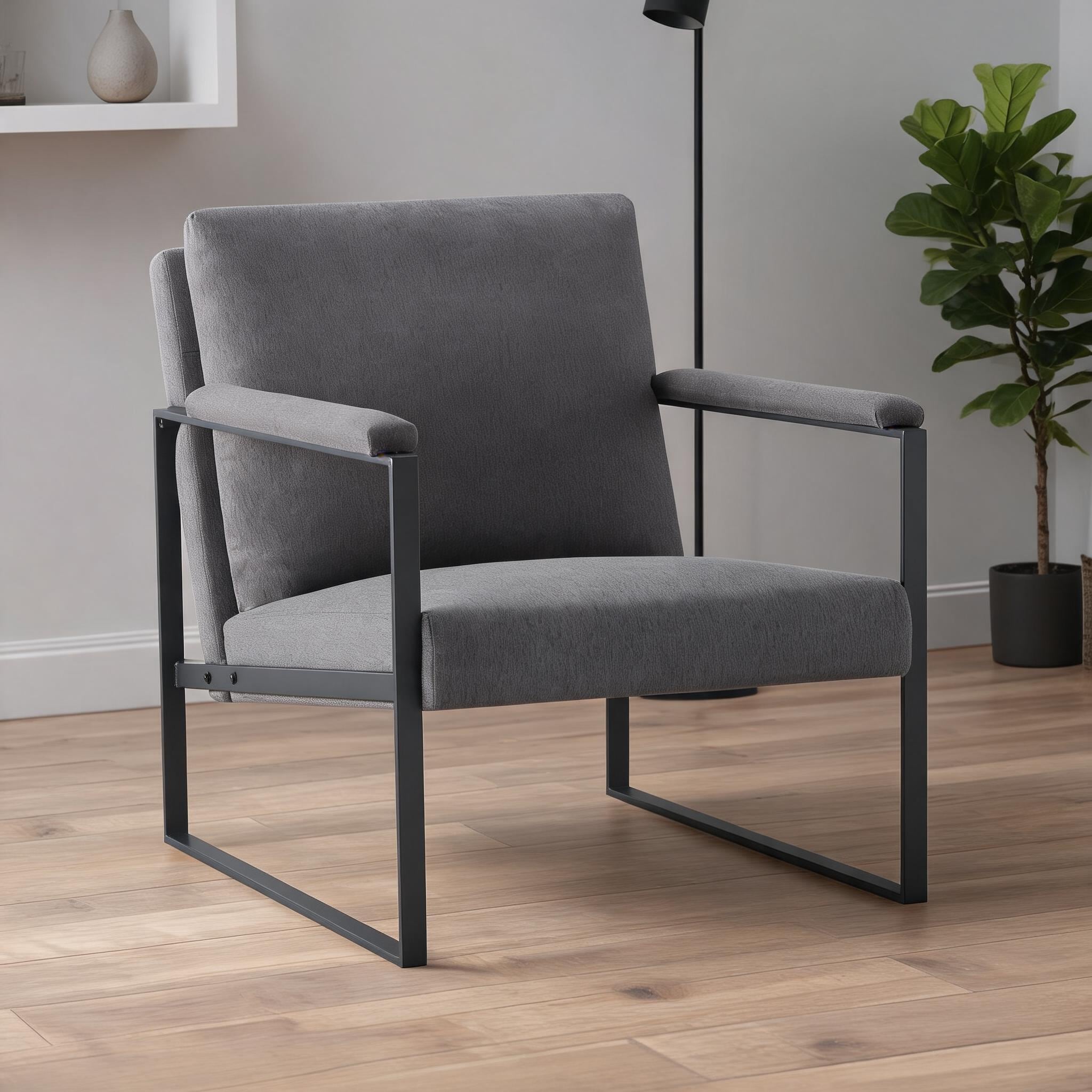 Watnature Neutral Gray Metal Frame Accent Chair 26.8 Inch Padded Side ...