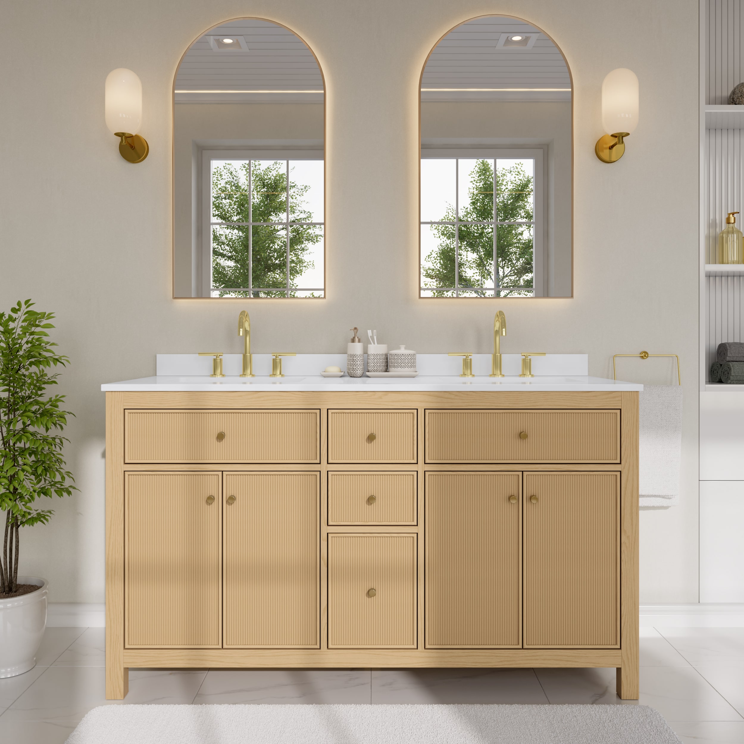 Wyndham Collection Pendry 60-in Tanned Oak with Brushed Gold Trim Undermount Double Sink Bathroom Vanity with White Cultured Marble Cultured Marble Top