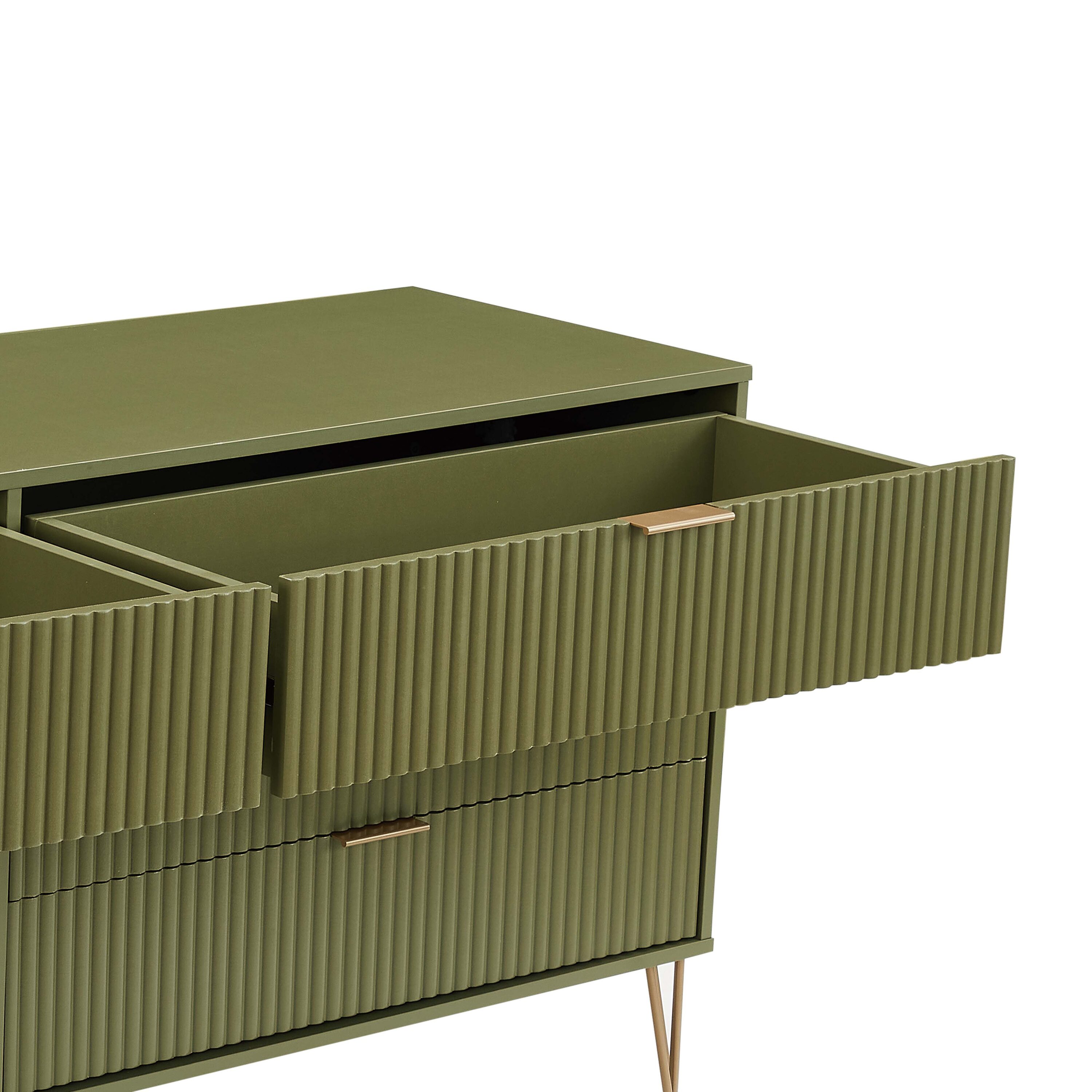 Olive Green Vertical Ribbed 6-Drawer Double Dresser with Soft Close