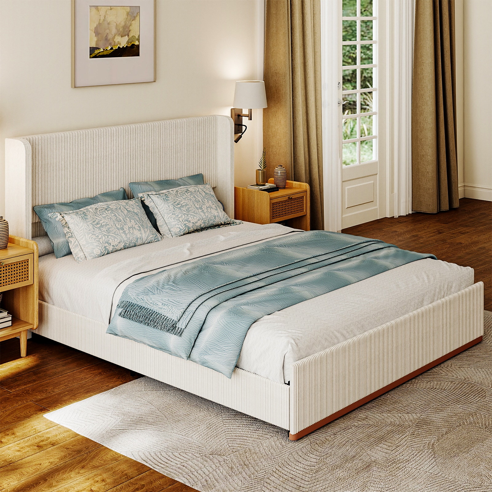 Vynxaria King Beige Upholstered Platform Bed Frame with 47-in Wingback ...