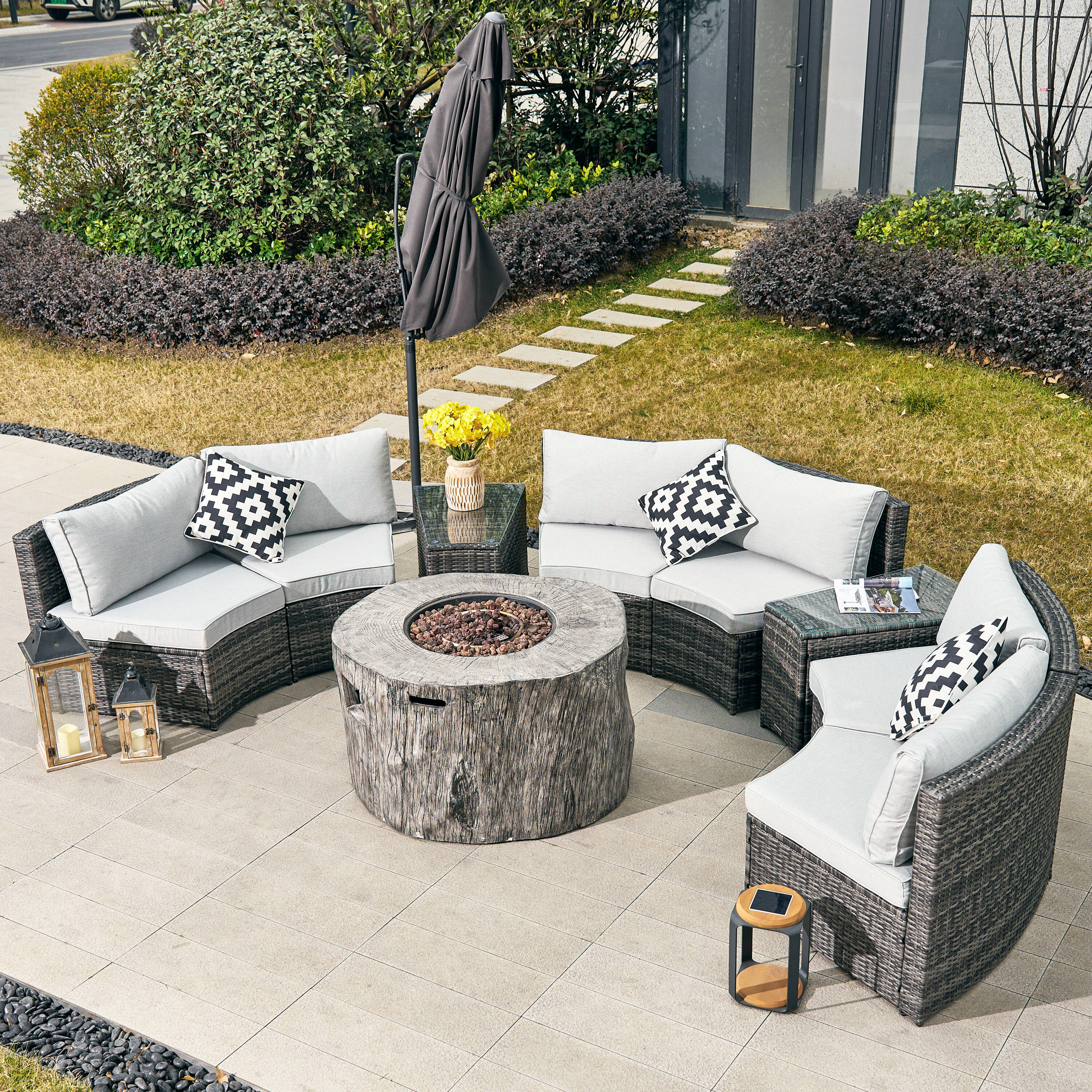 Direct Wicker DWS-1205B6S2T&2181G 9 -Piece Wicker 4 Patio Sofa Conversation Set with Gray Cushions