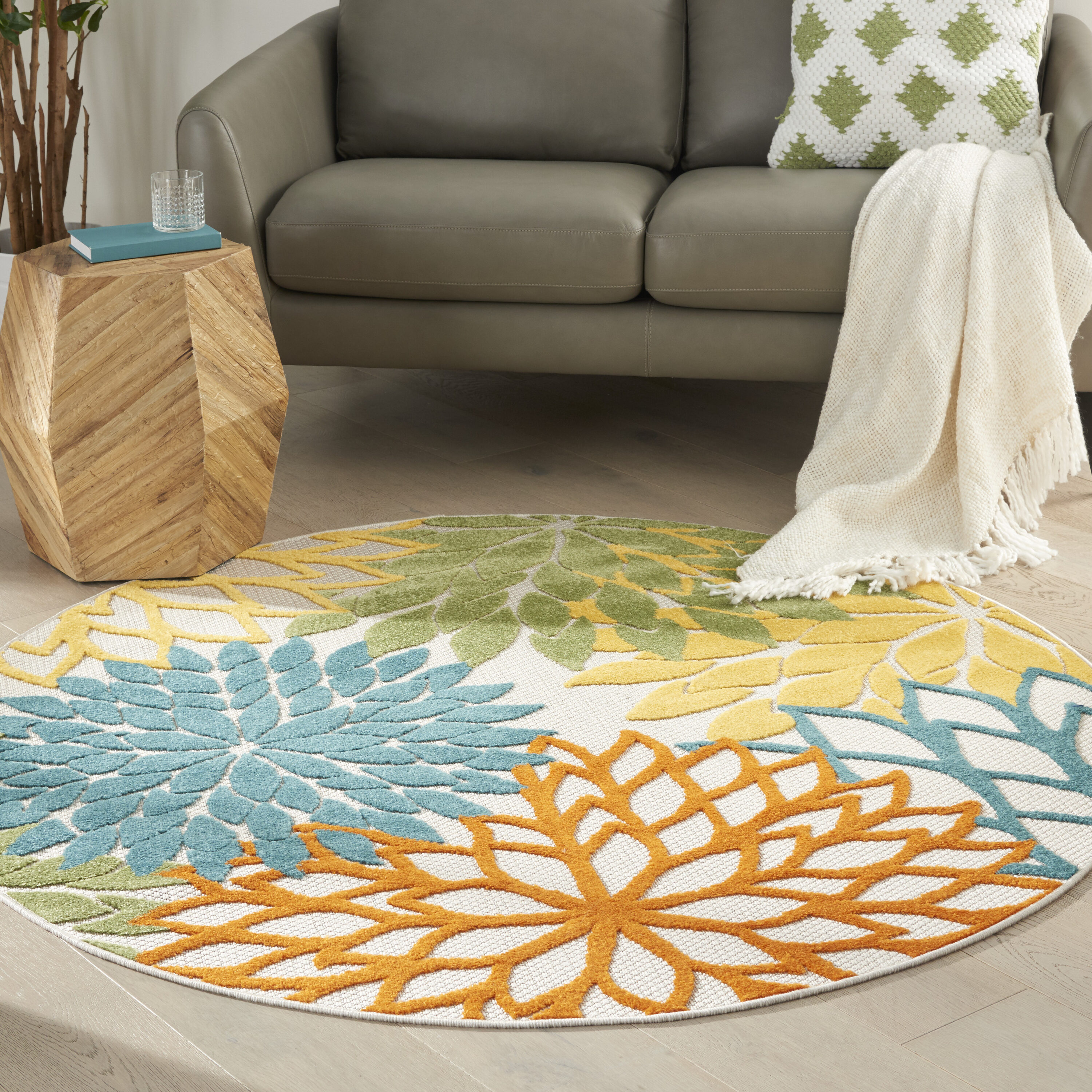 Nourison 099446827142 Aloha 5 x 5 (ft) Loomed Polypropylene Turquoise Multicolor Round Indoor/Outdoor Floral/Botanical Tropical Area rug