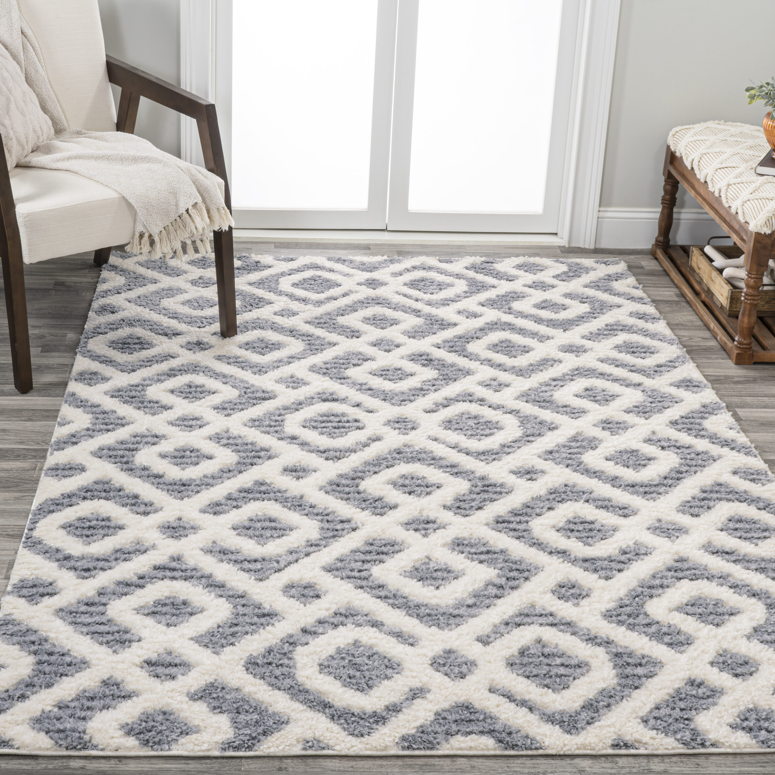 JONATHAN  Y SNT103B-5 Santa Theresa Astrid Retro High-Low 5 x 8 (ft) Loomed Polypropylene Cream/Gray Rectangular Indoor Trellis Bohemian/Eclectic Area rug