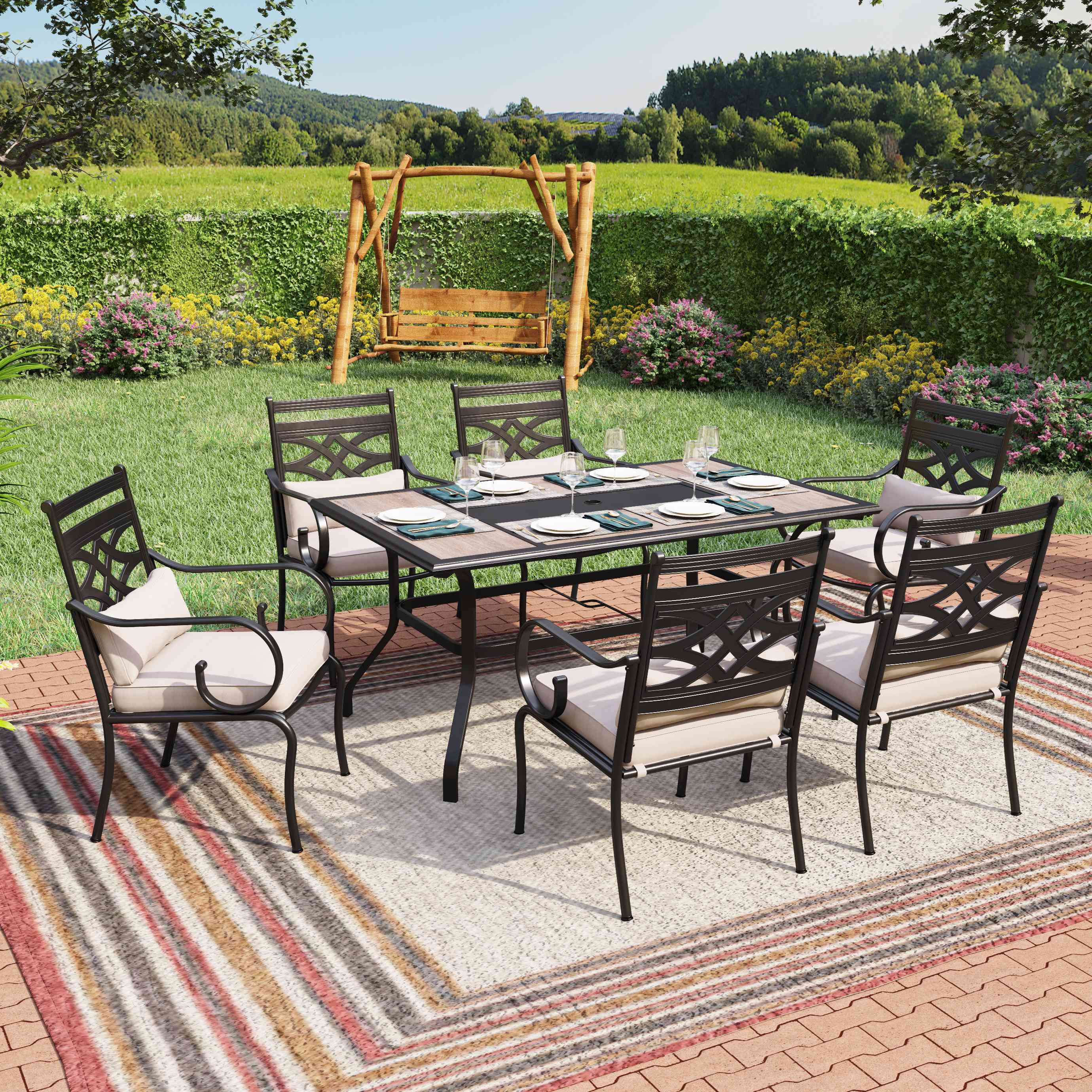 Sunshine Valley TC7-405-104 ABERDEEN 7 -Piece Black Patio Dining Set Steel Rectangle Table with 6 Tan Cushions Stationary Chairs