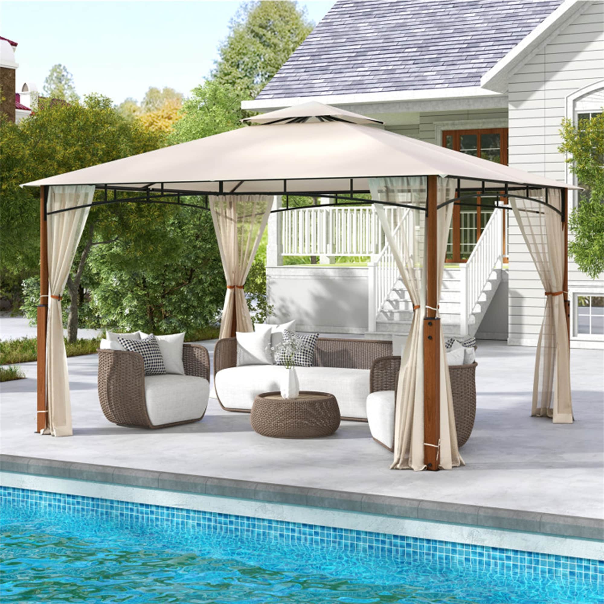 BABOOM BOM-11861BE-CO 12-ft x 10-ft Outdoor Patio Gazebo with Netting Beige+Natural Gazebo with Soft Top Roof (Screen Included)