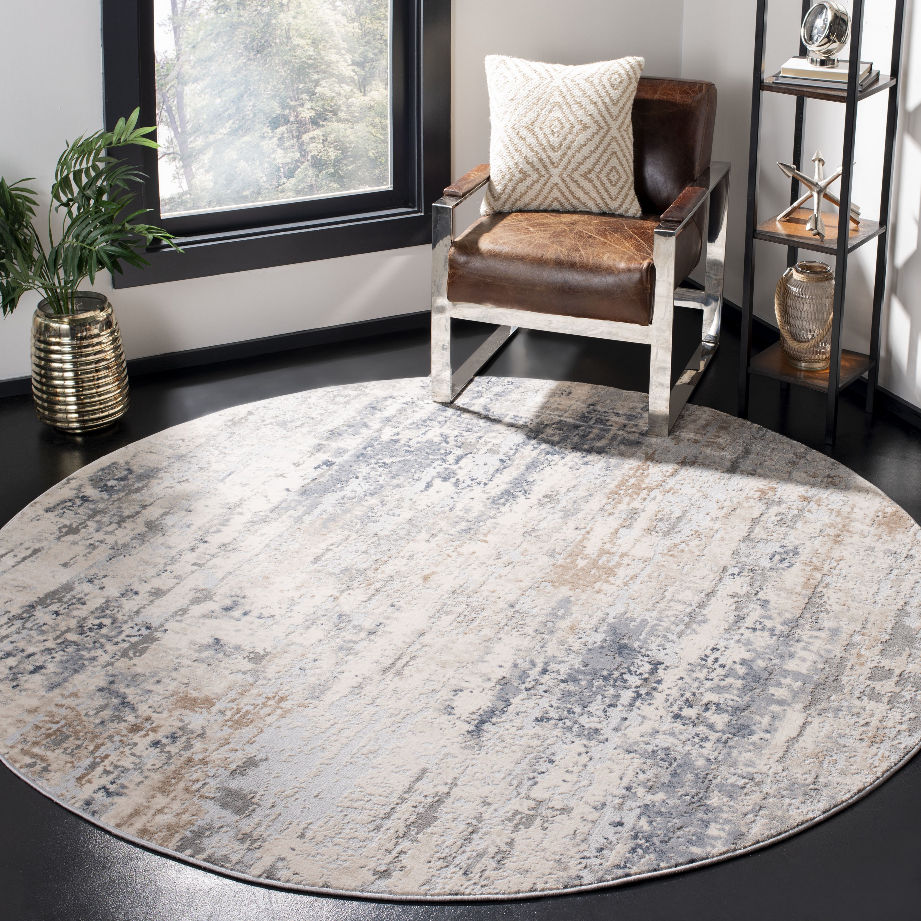 Safavieh INV432A-7R Invista Usain 7 x 7 (ft) Loomed Synthetic Cream/Gray Round Indoor Abstract Industrial Area rug