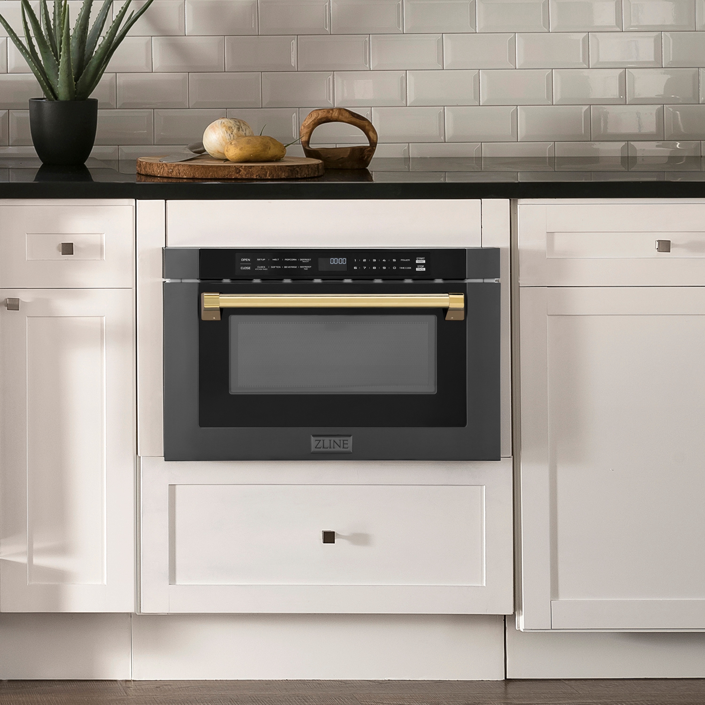 ZLINE KITCHEN BATH 23.5 in 1.2 cu ft 1000 Watt Microwave Drawer Black Stainless Steel with Polished Gold Handle MWDZ 1 BS H G at Lowes