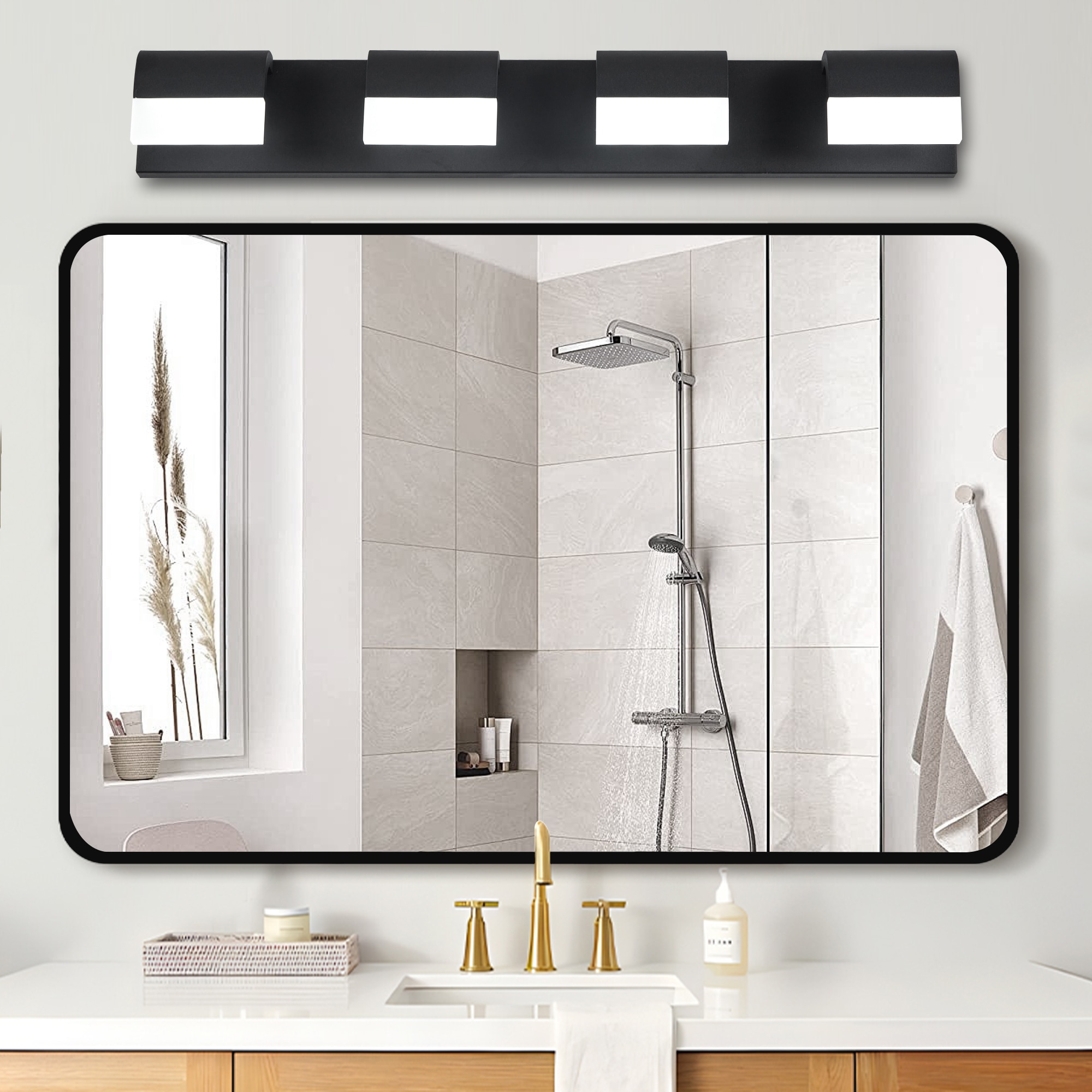 Tinyhomie 4 Light Acrylic Bathroom Vanity Light Matte Black Wall Fixture Modern Mirror Lighting for Bathroom Shower Area