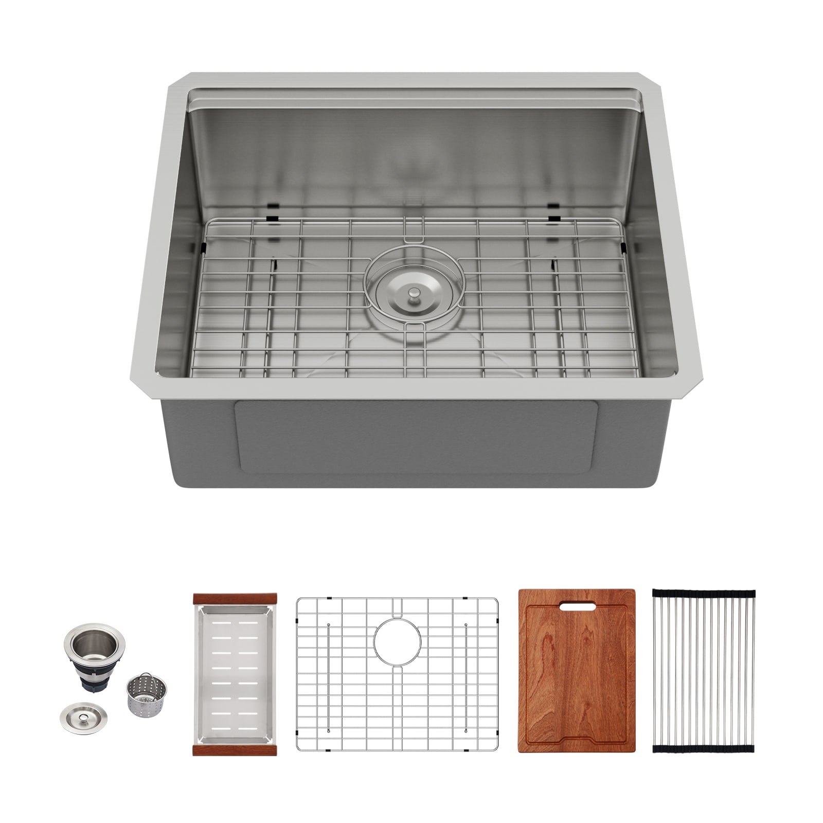 KICHAE Undermount 23-in x 19-in Workstation Kitchen Sink in 16-Gauge T304 Brushed Stainless steel Single bowl With Accessories