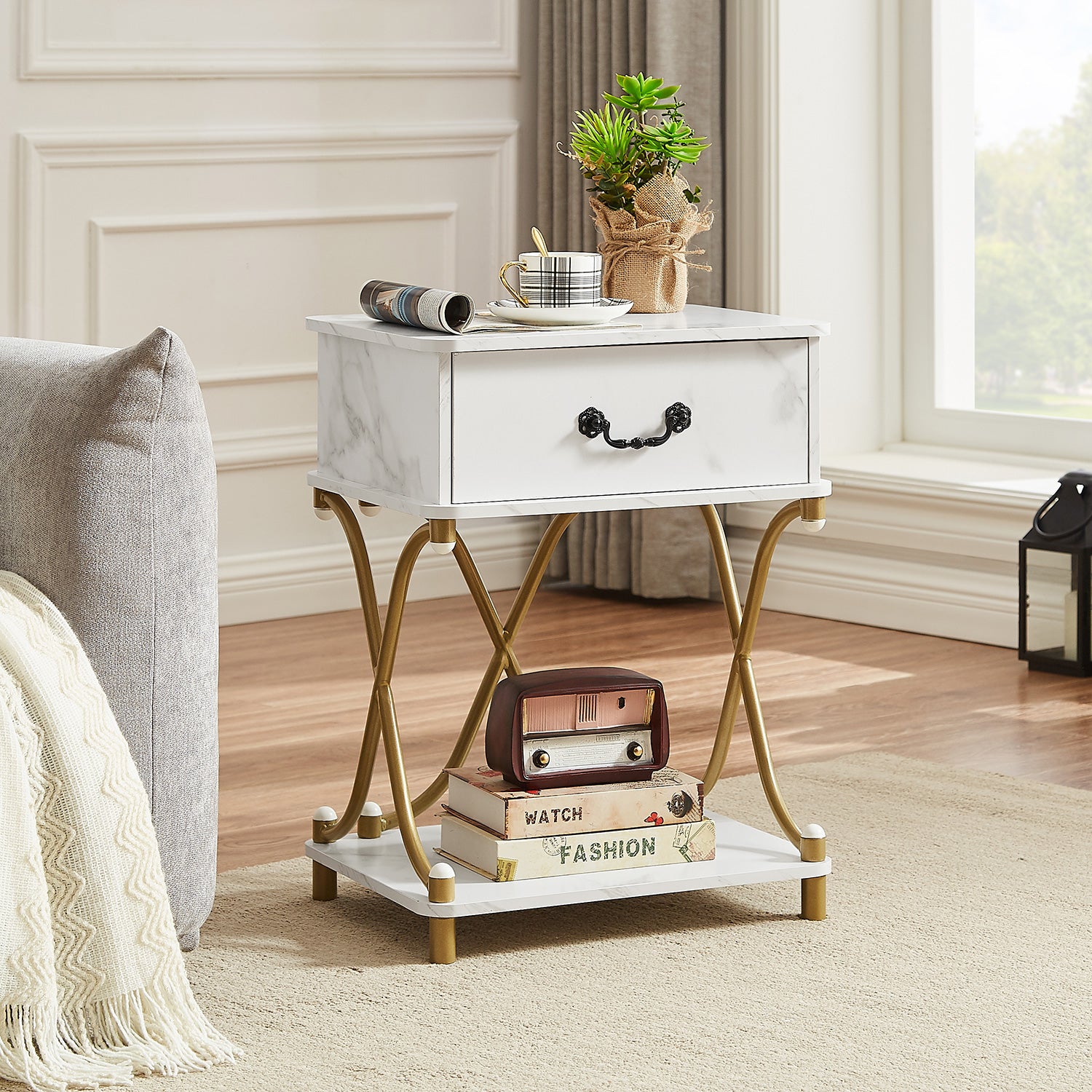 Vecelo LOE-MX-NS23-WHE 1 Drawer Nightstand End Side Table Metal Bedside Table with Open Shelf Black