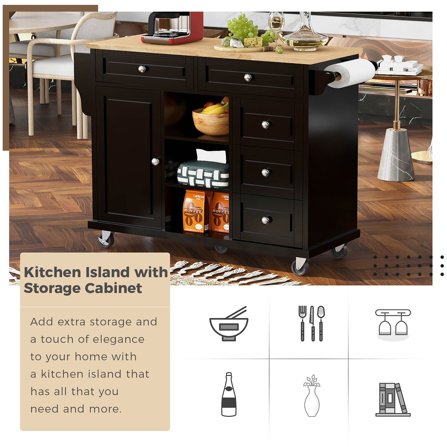 SINOFURN Blue Mdf Base with Wood Top Rolling Kitchen Cart (18.1-in x 52.8-in x 36.2-in)