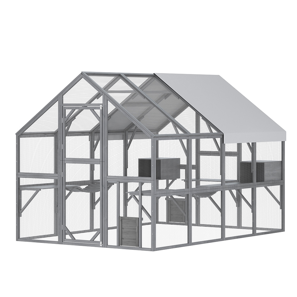 Homsee C-KF150158-05-AB Outdoor Gray Wood Chicken Coop and Rabbit Hutch with Lockable Door and Triangular Roof Design
