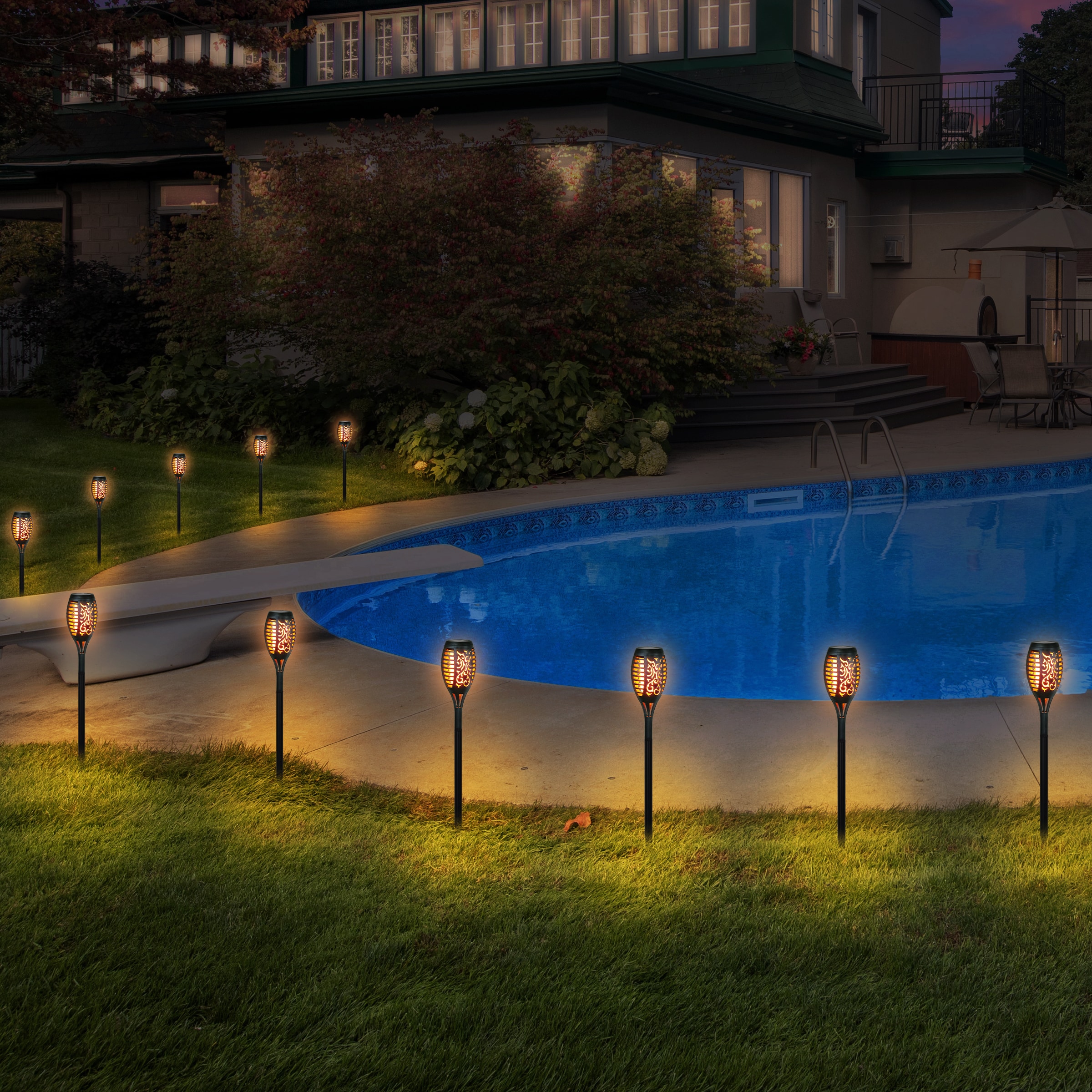Set of 4 Black Plastic Solar LED Flame Garden Stakes