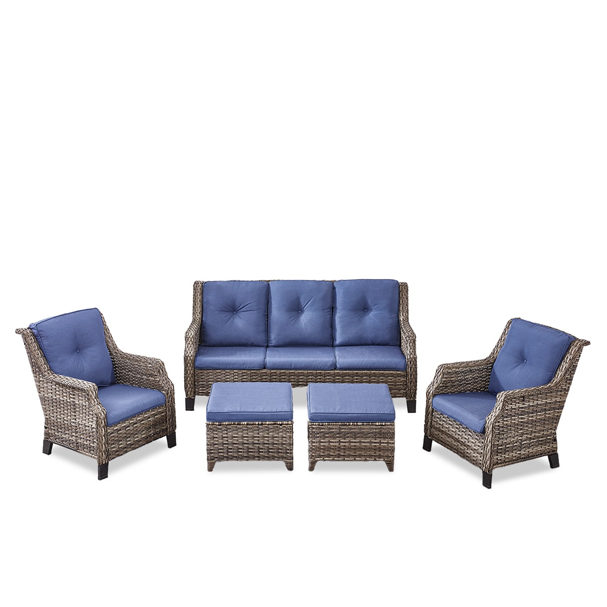 Rilyson FSCGY131140-1 NEW CARO 5 -Piece Woven Patio Sofa Conversation Set with Blue Cushions