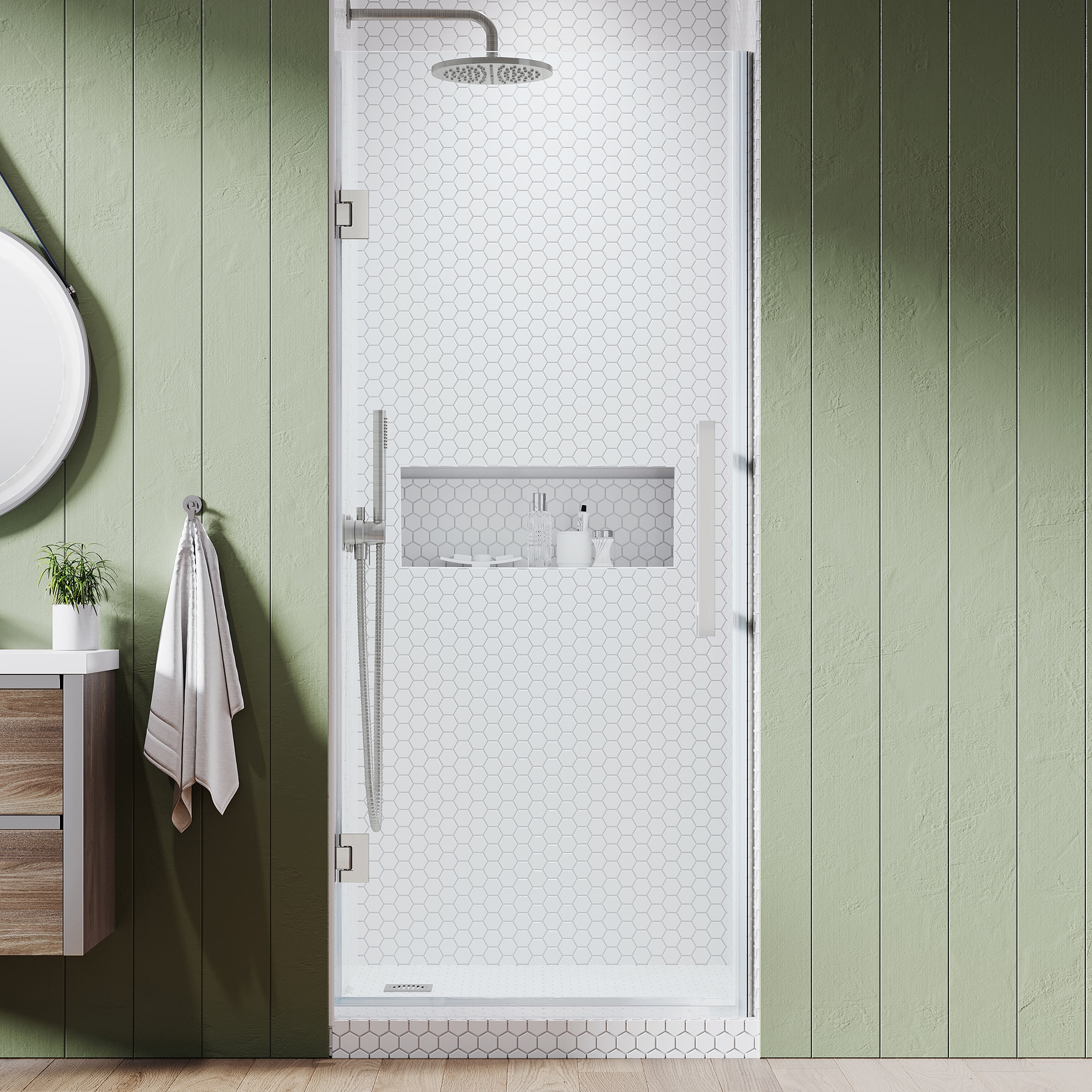 OVE Decors 828796052818 Tampa-Pro Satin nickel 24-1/16-in to 24-11/16-in W x 72-in H Frameless Buttress Pivot Shower door 5/16-in Thick Clear Glass