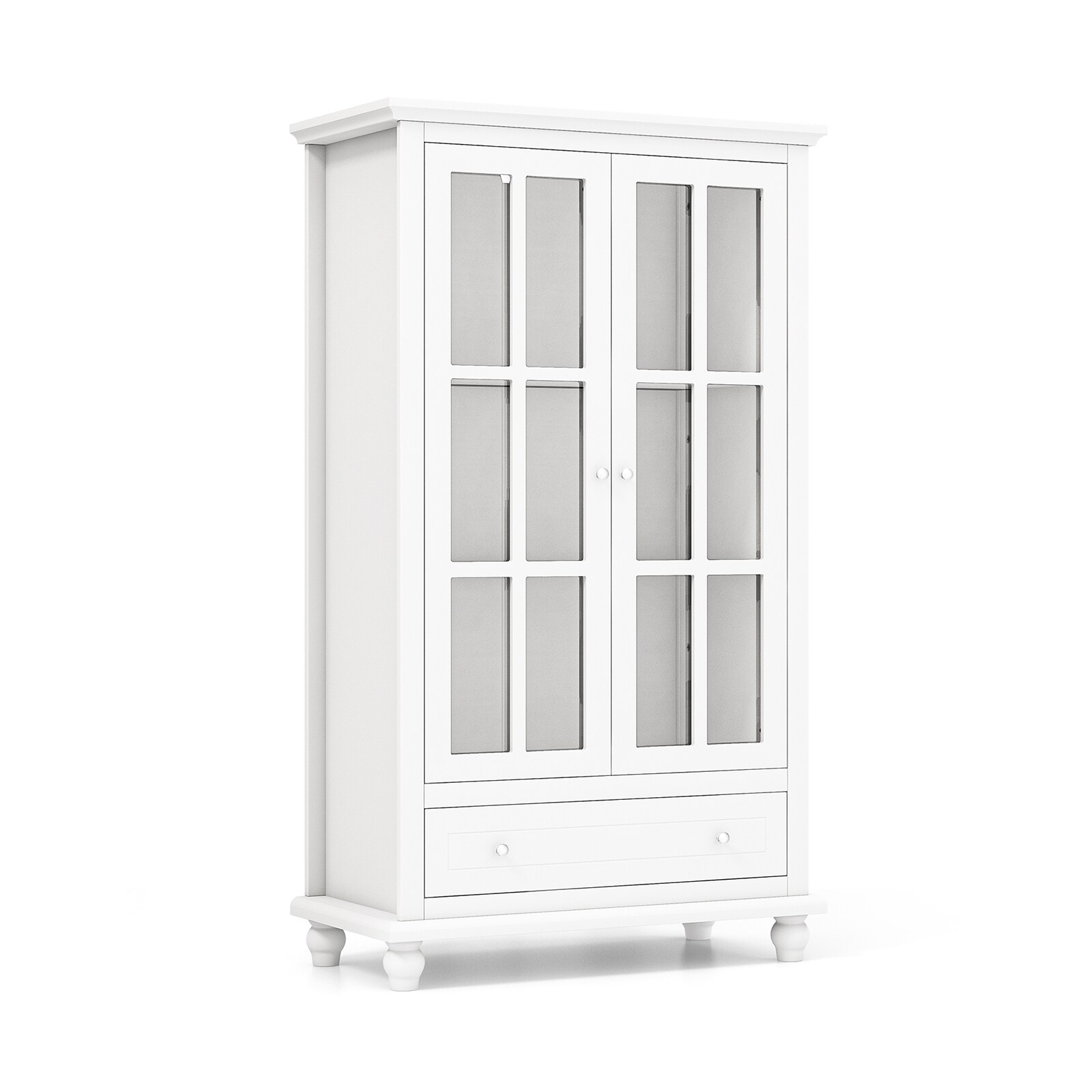 Slickblue D-CO-+HW76401BC White MDF and Tempered Glass 3-Shelf 2-Door Bookcase Cabinet with Drawer for Living Room 31.5L x 55H x 16W Smooth Finish