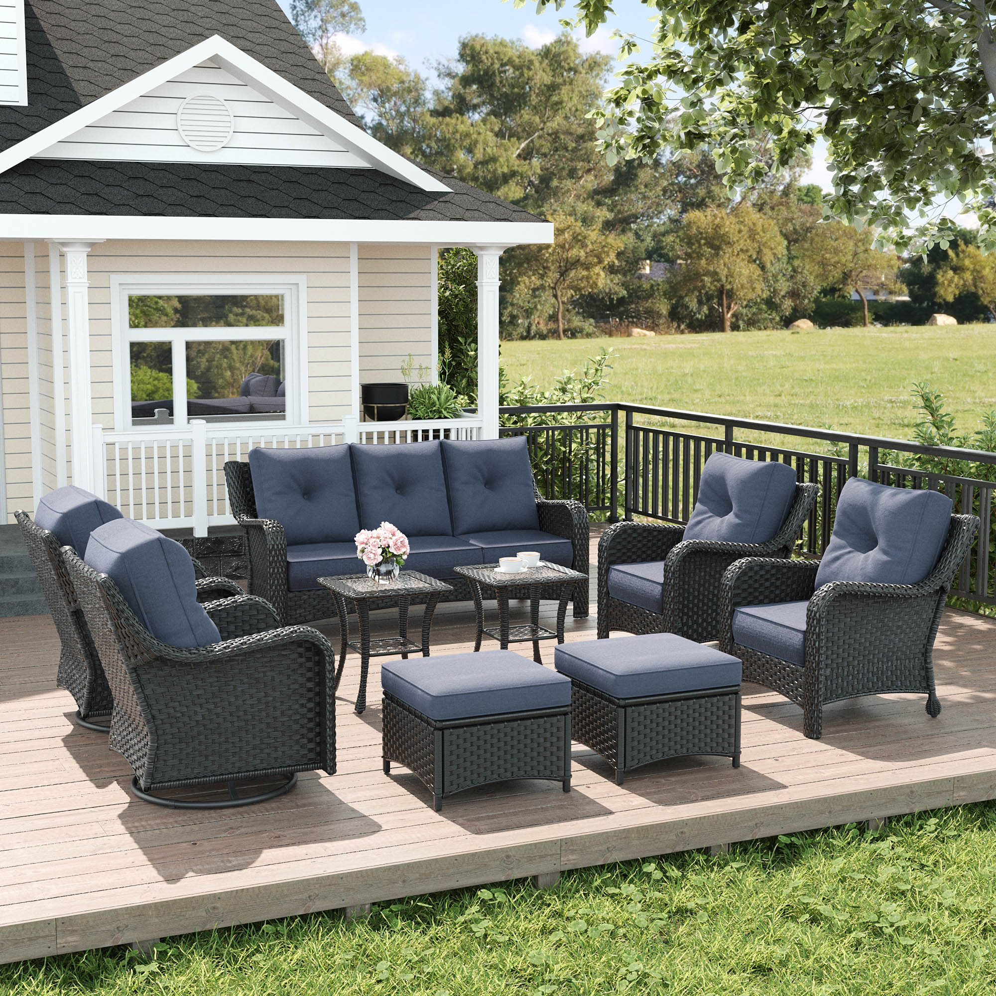 LayinSun BYT6005-9PAB-HE02 9 -Piece Outdoor Rattan Patio Conversation Set with Navy Cushions
