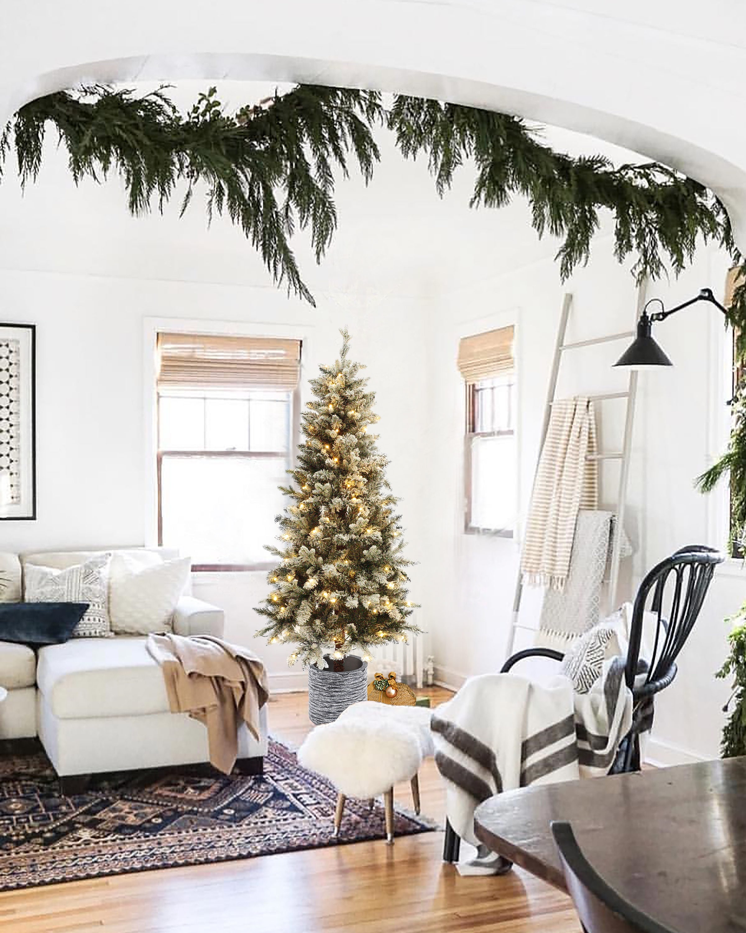 5.6 Ft Pre-Lit White Flocked Fir Christmas Tree with Gray Pot