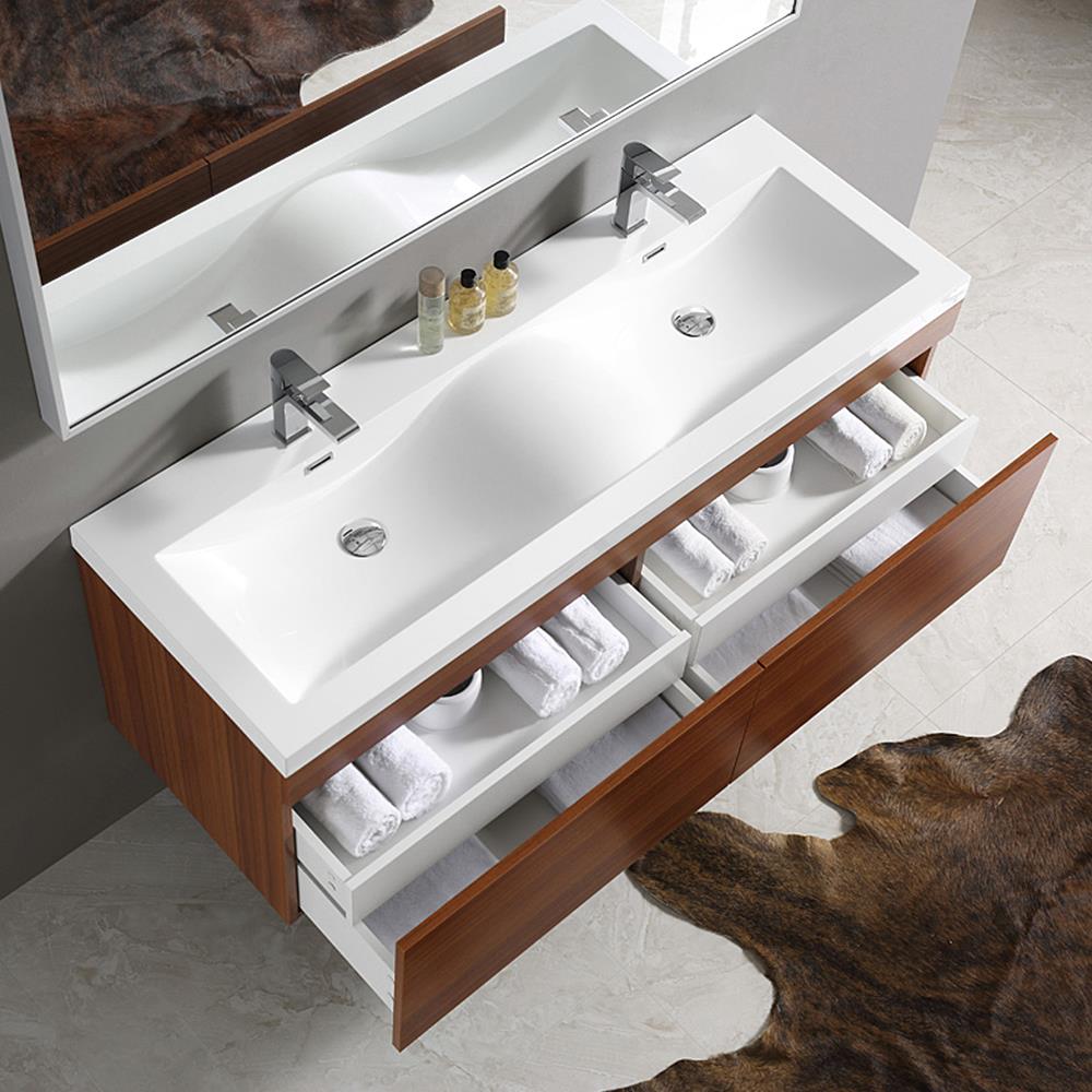 Fresca Senza 57-in Teak Double Sink Floating Bathroom Vanity with White ...