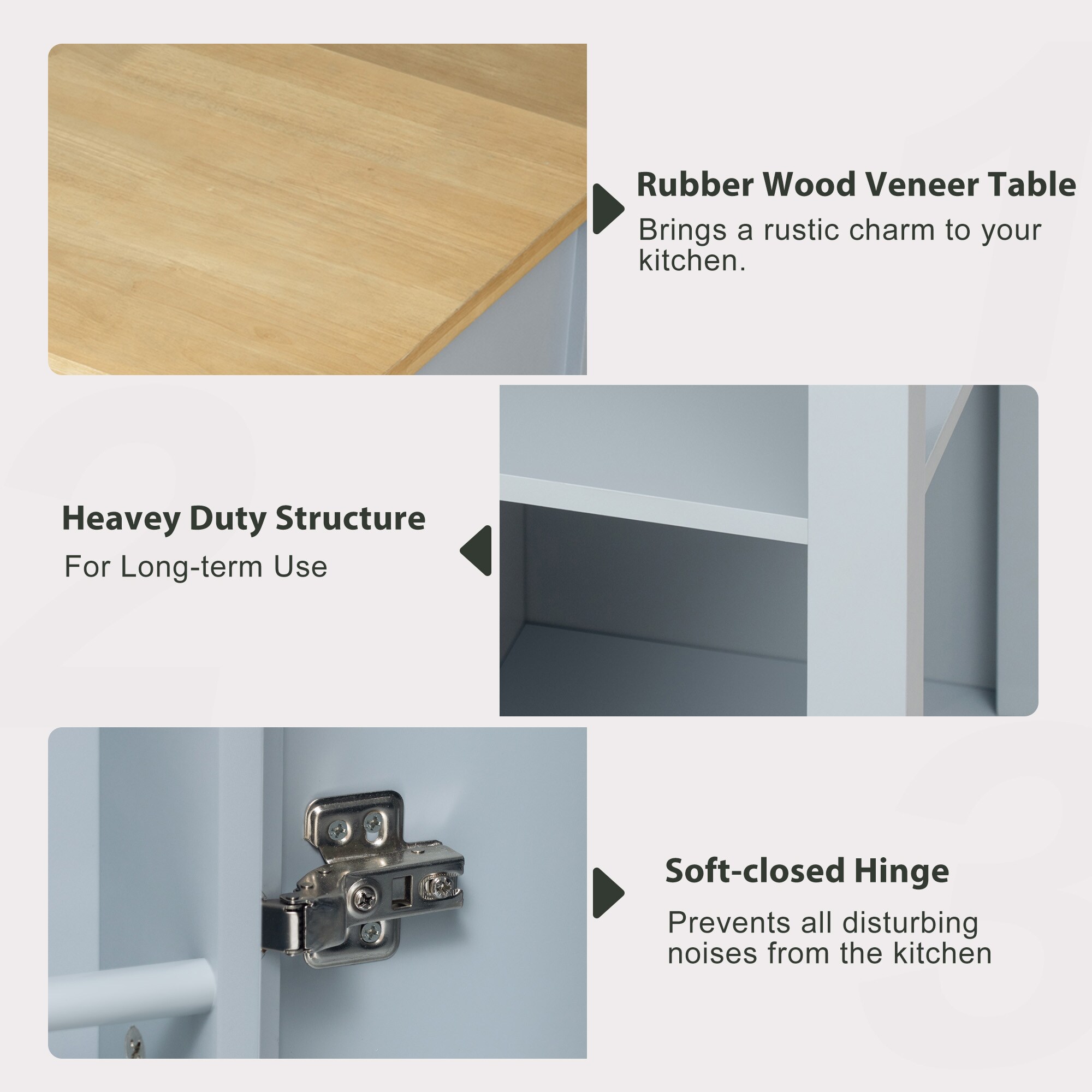 SINOFURN Gray Mdf Base with Mdf Wood Top Rolling Kitchen Island (33.2-in x 49-in x 37.5-in)