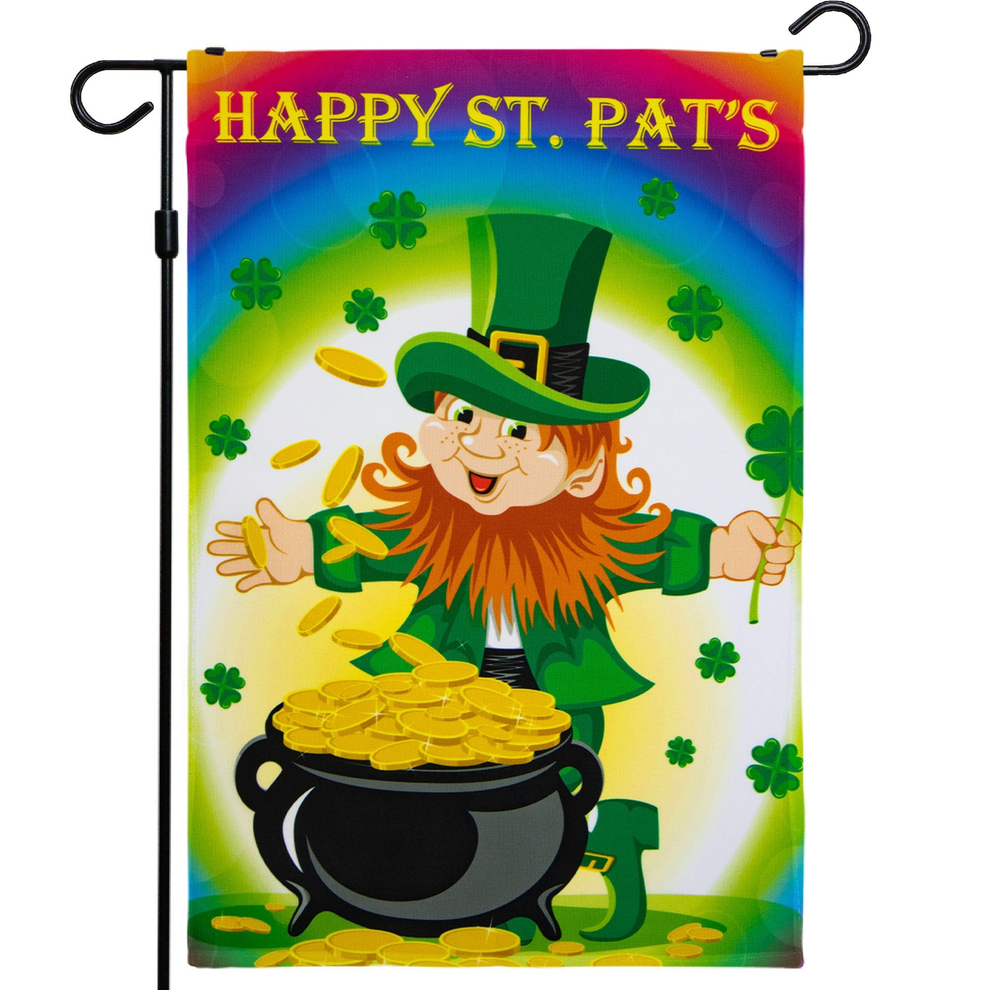 G128 1-ft W x 1.5-ft H St Patrick's Day Leprechaun with Pot of Gold Garden flag