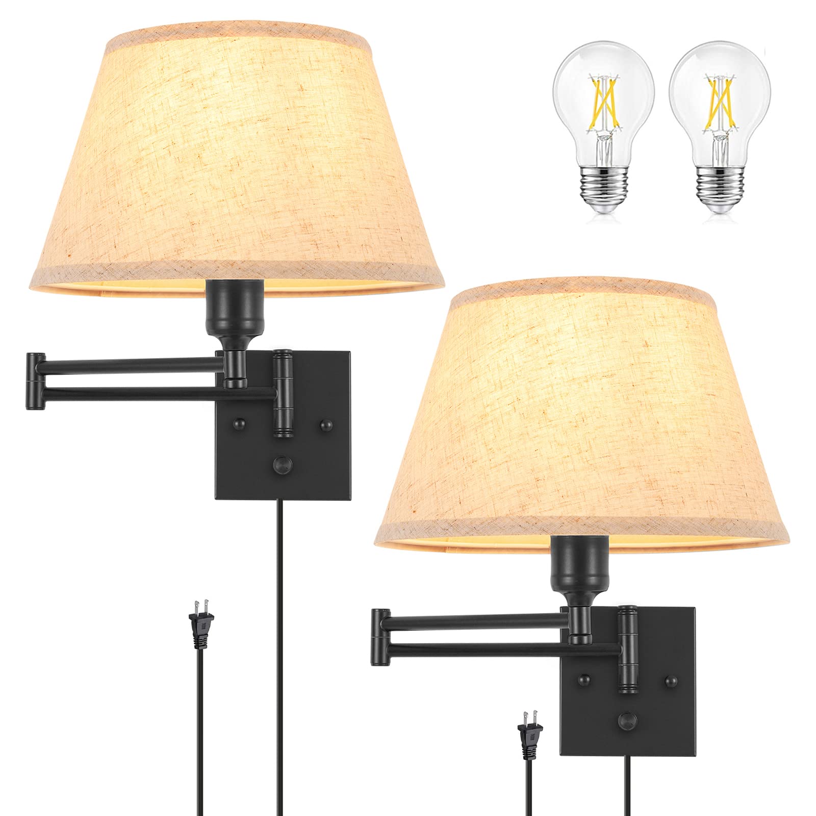 Vrbgify  Fully Dimmable Wall Sconces Set of 2 with Swing Arm Adjustable 11.8 inch Beige Fabric Shade Plug in Cord 2 LED Bulbs Included