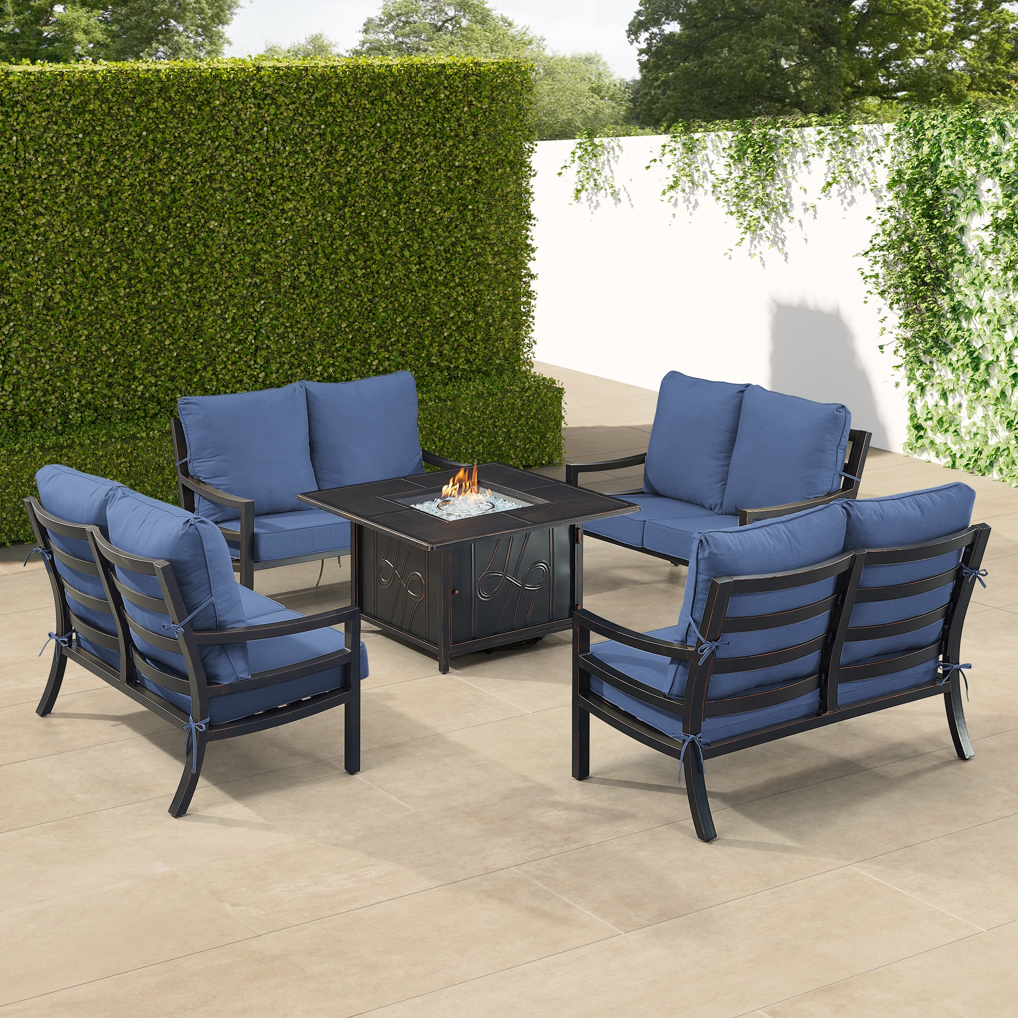 Oakland Living HUDSON4LSREGISBLCU Fire Pit Table Set, Four Loveseats and Wind Guard 24 -Piece Patio Conversation Set with Blue Cushions