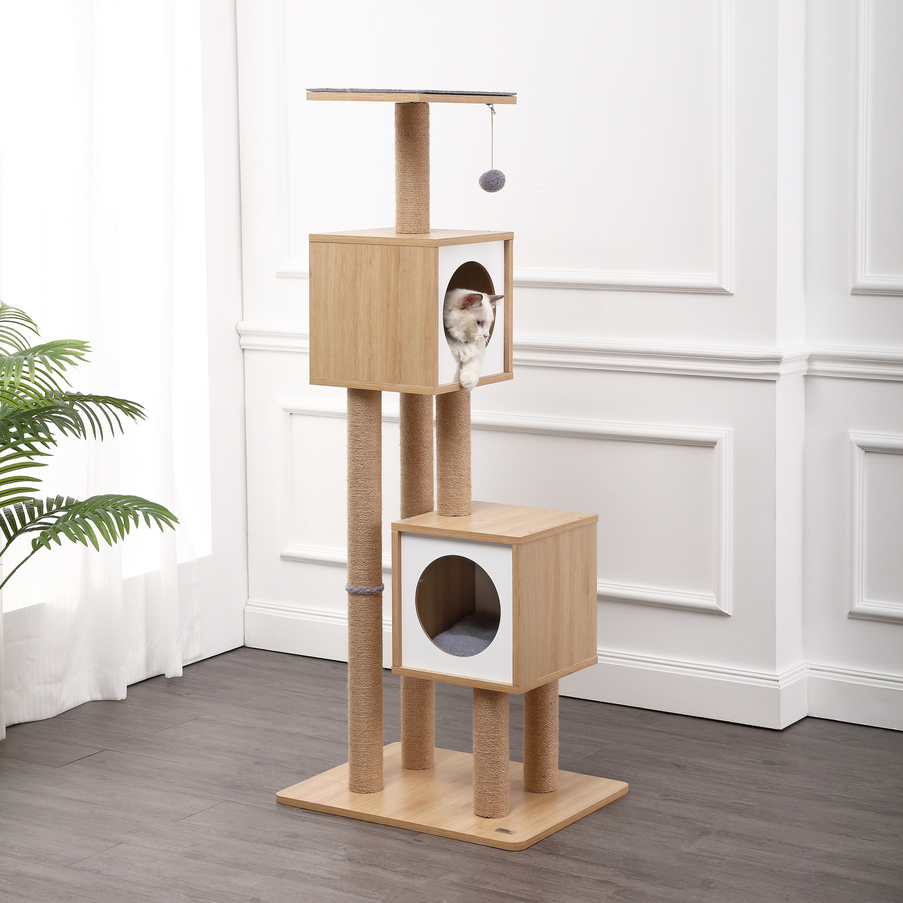 Sawyer 56" 3-Tier Natural Wood and Jute Cat Tree Condo