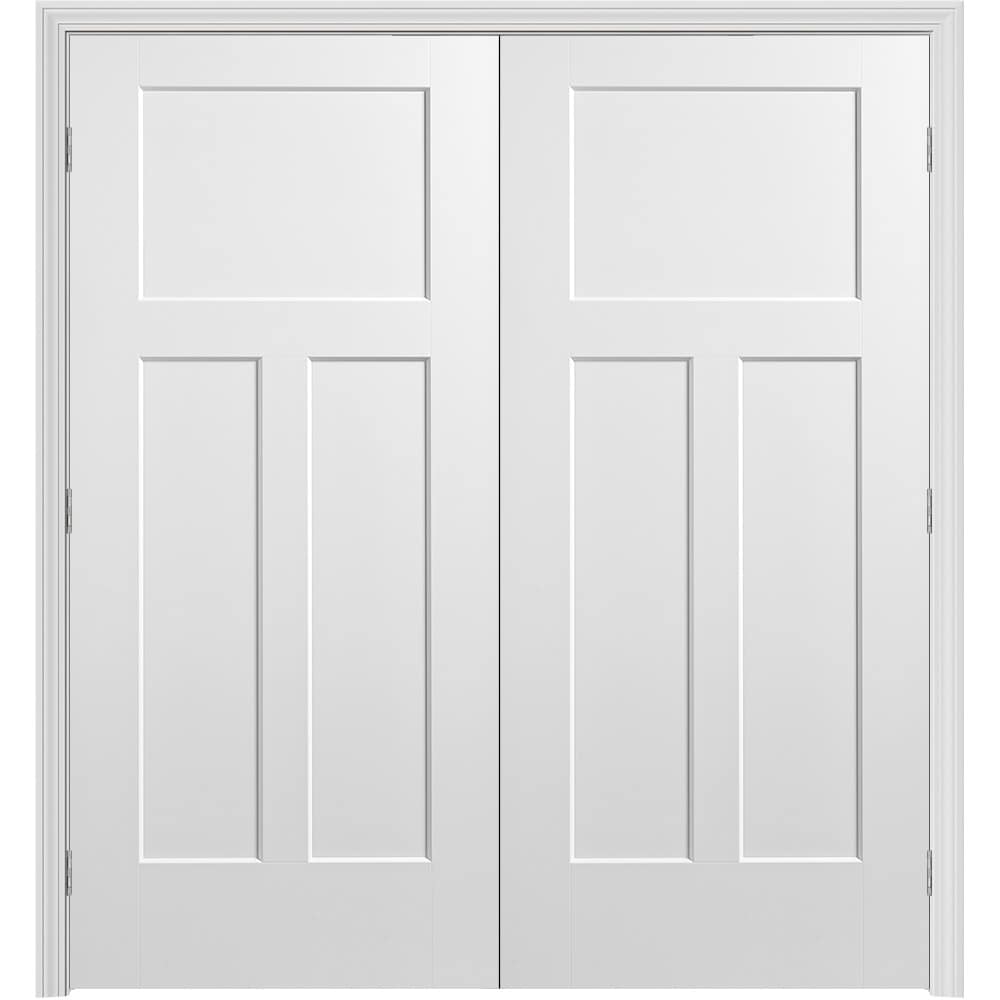 Masonite 640988 72-in x 80-in Primed Hollow core 3-panel craftsman Bi-parting Smooth Primed Molded composite Split Jamb Double Prehung Interior Door 351 Casing