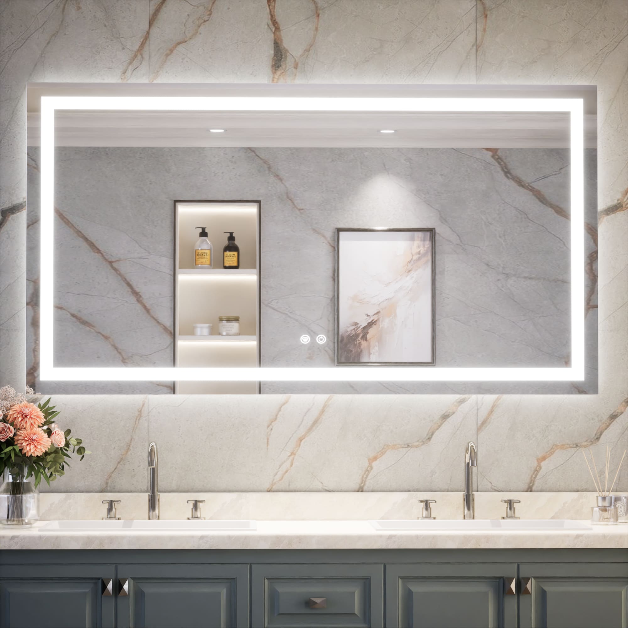 Keonjinn LW-ZBGFXFJ-13976F Bathroom Mirrors 55-in x 30-in Polished Frameless Rectangle Dimmable LED Lighted Fog Free Bathroom Vanity Mirror ( Silver )