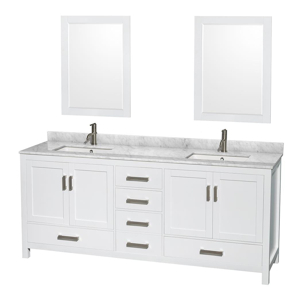 Wyndham Collection WCS141480DWHCMUNSM24 Sheffield 80-in White with Brushed Chrome Trim Undermount Double Sink Bathroom Vanity with White Carrara Marble Natural Marble Top (Mirror Included)