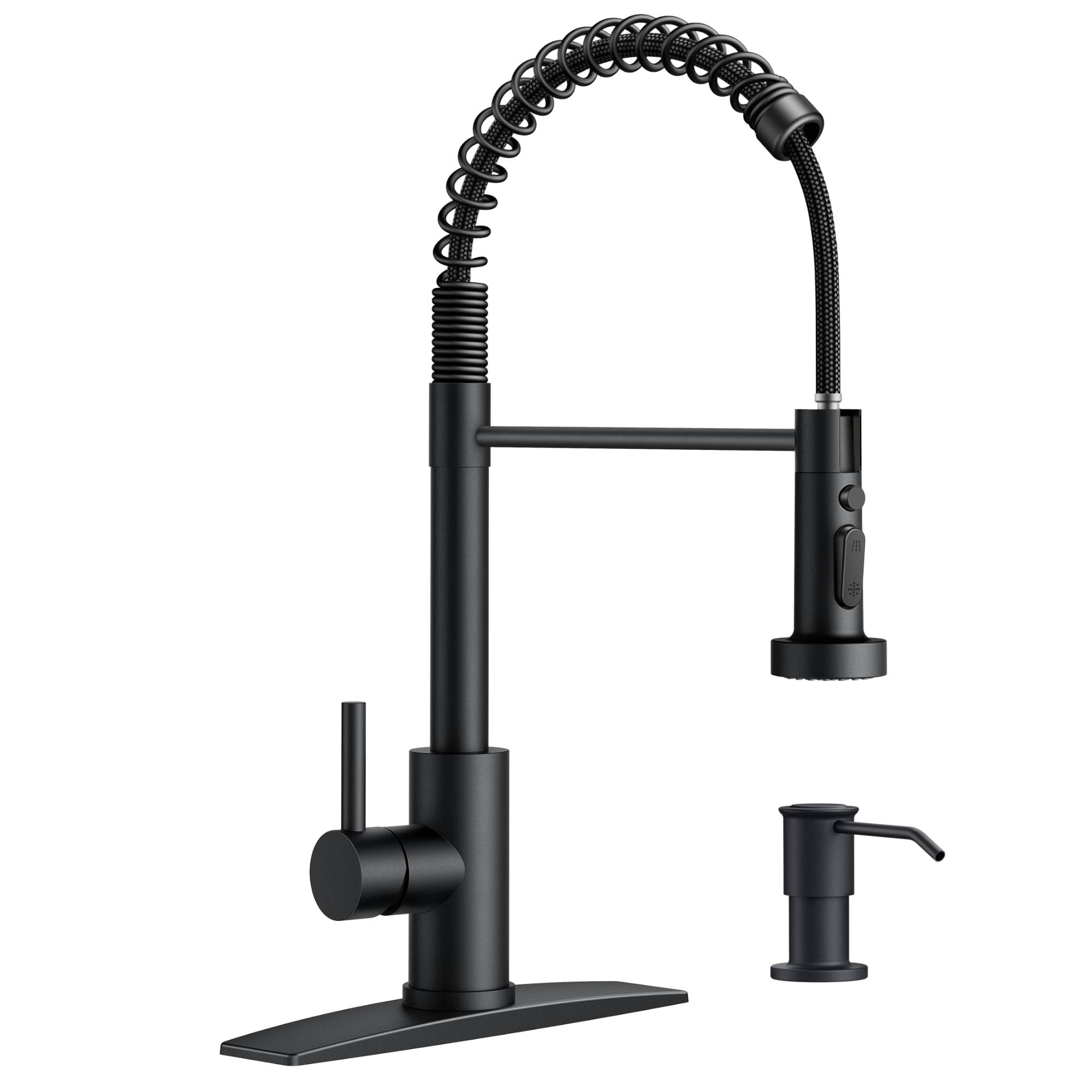 FURUISI L4B-SD Matte Black Single Handle Deck-mount Pull-down Kitchen Faucet with Sprayer ( Deck Plate Included ) (Soap Dispenser Included)