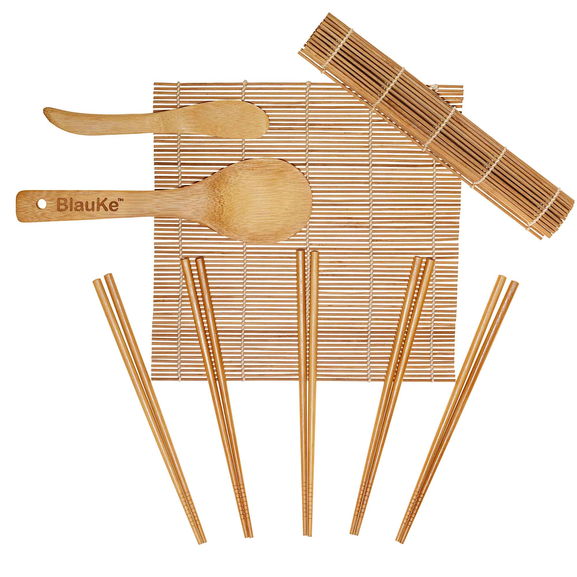 BlauKe Bamboo Sushi Making Kit with 2 Sushi Rolling Mats with 5 Pairs Bamboo Chopsticks and Rice Paddle plus a Spreader - Sushi Kit