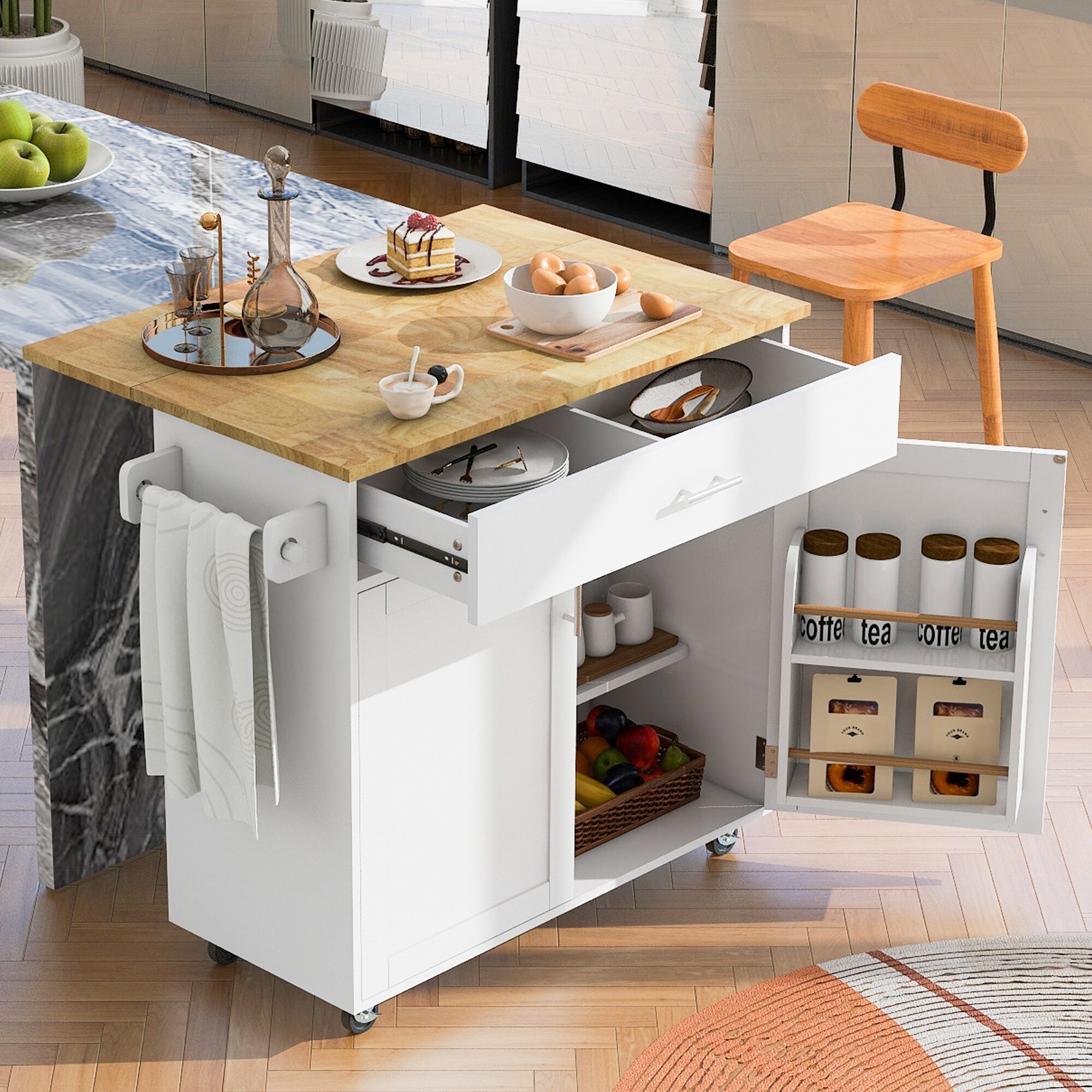 Xspracer White Mdf Base with Wood Top Rolling Kitchen Island (26-in x 39-in x 34-in)